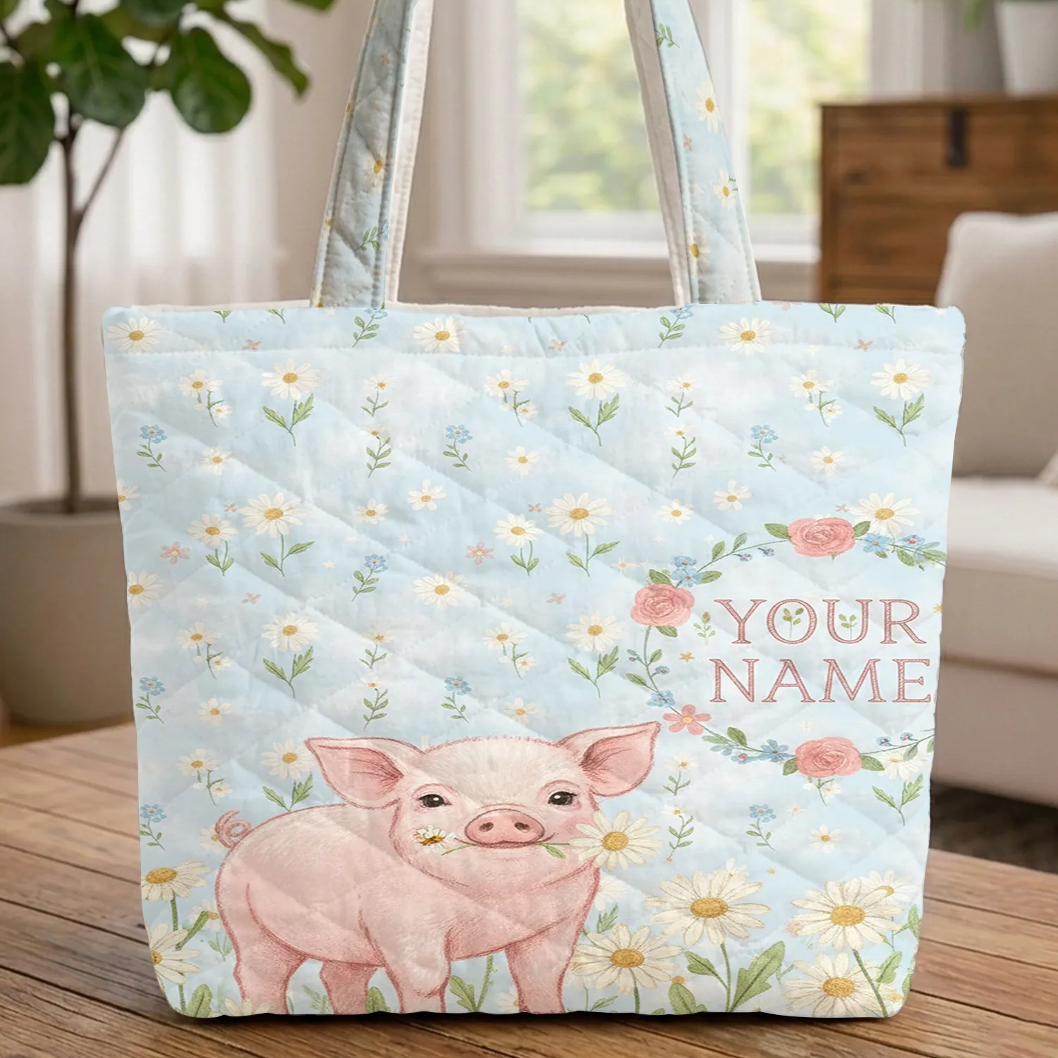 Piglet Daisy Field Wildflower Clouds Everyday Carry Gift for Piglet Lover Quilted Tote Bag - 1