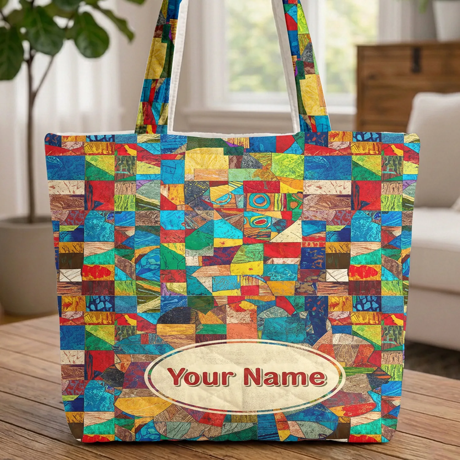 Colorful Ornate Textural Patchwork Collage Geometric Squares Name - Everyday Carry Gift Quilted Tote Bag - 1