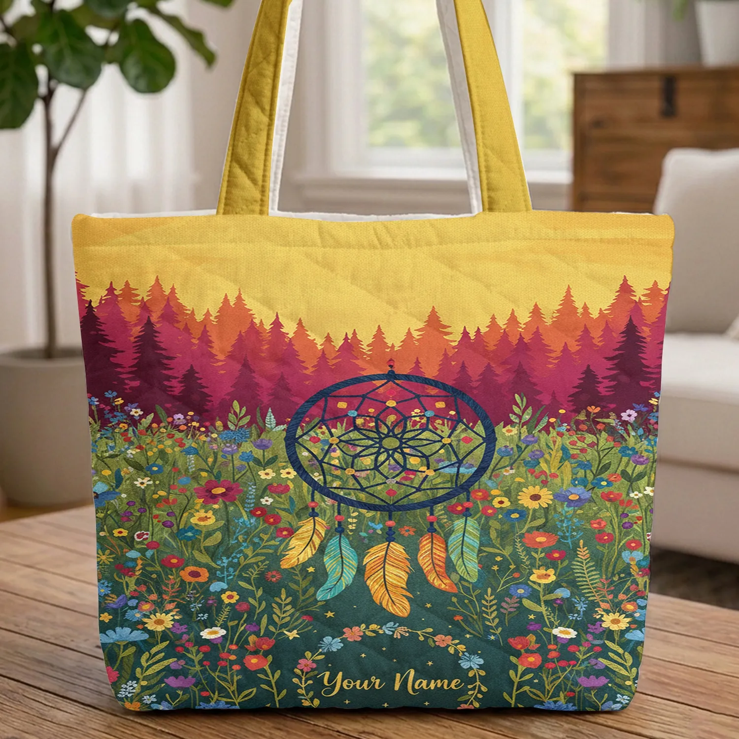 Personalized Dreamcatcher Wildflower Meadow Forest Sunset - Everyday Carry Gift Quilted Tote Bag - 1