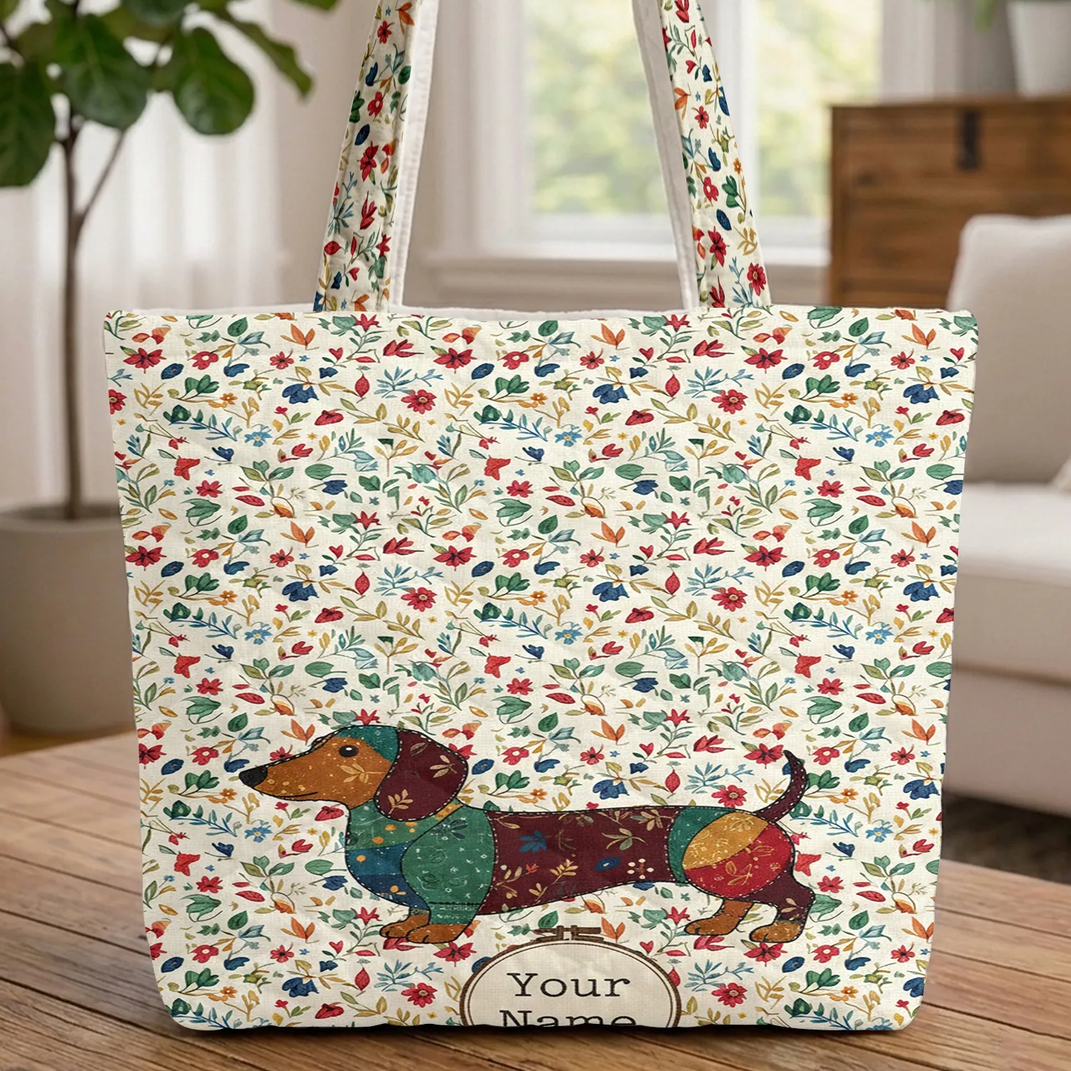 Dachshund Dog Wildflower Butterfly Distressed Hoop - Everyday Carry Gift for Dog Lovers Quilted Tote Bag - 1