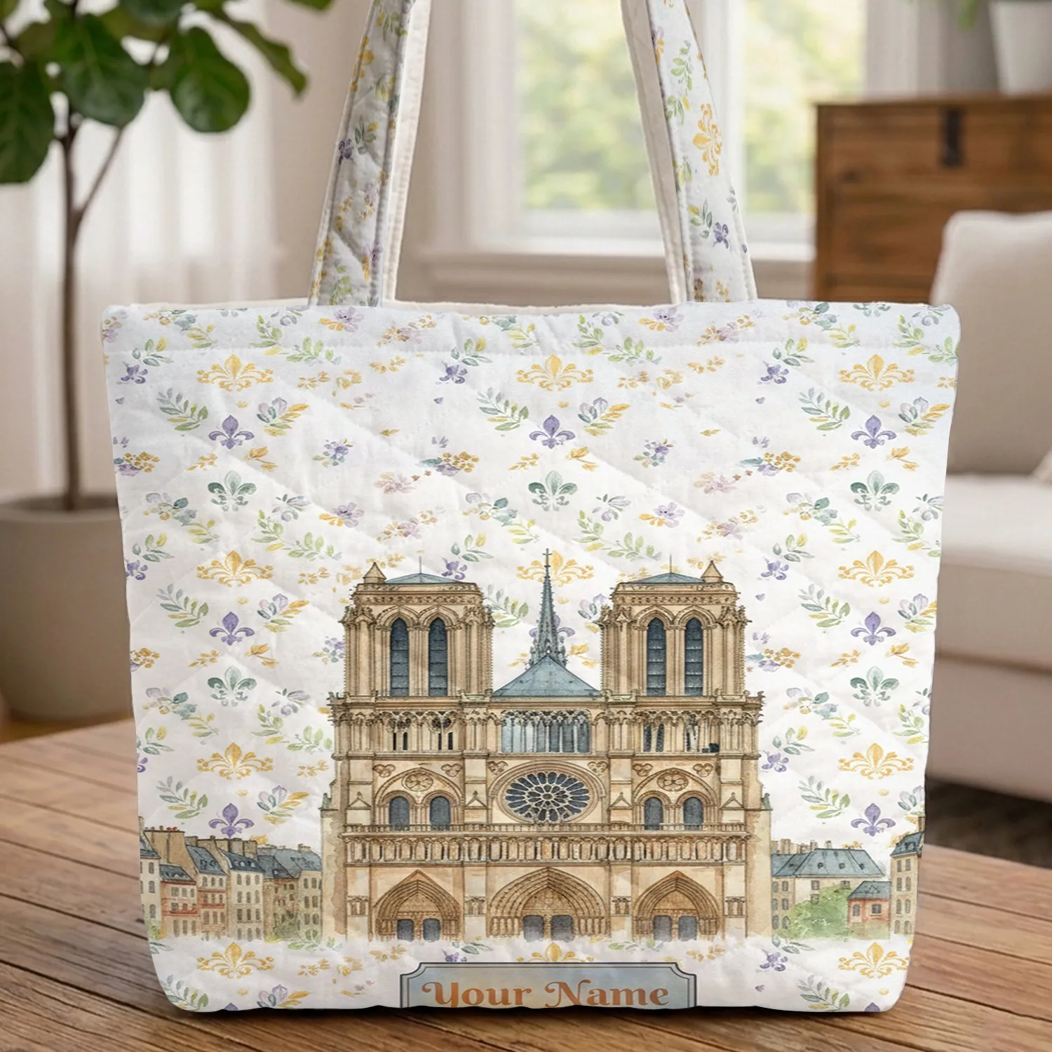 Notre Dame Cathedral Paris Name Plaque Fleur-de-Lis - Travel Essentials Gift Quilted Tote Bag - 1