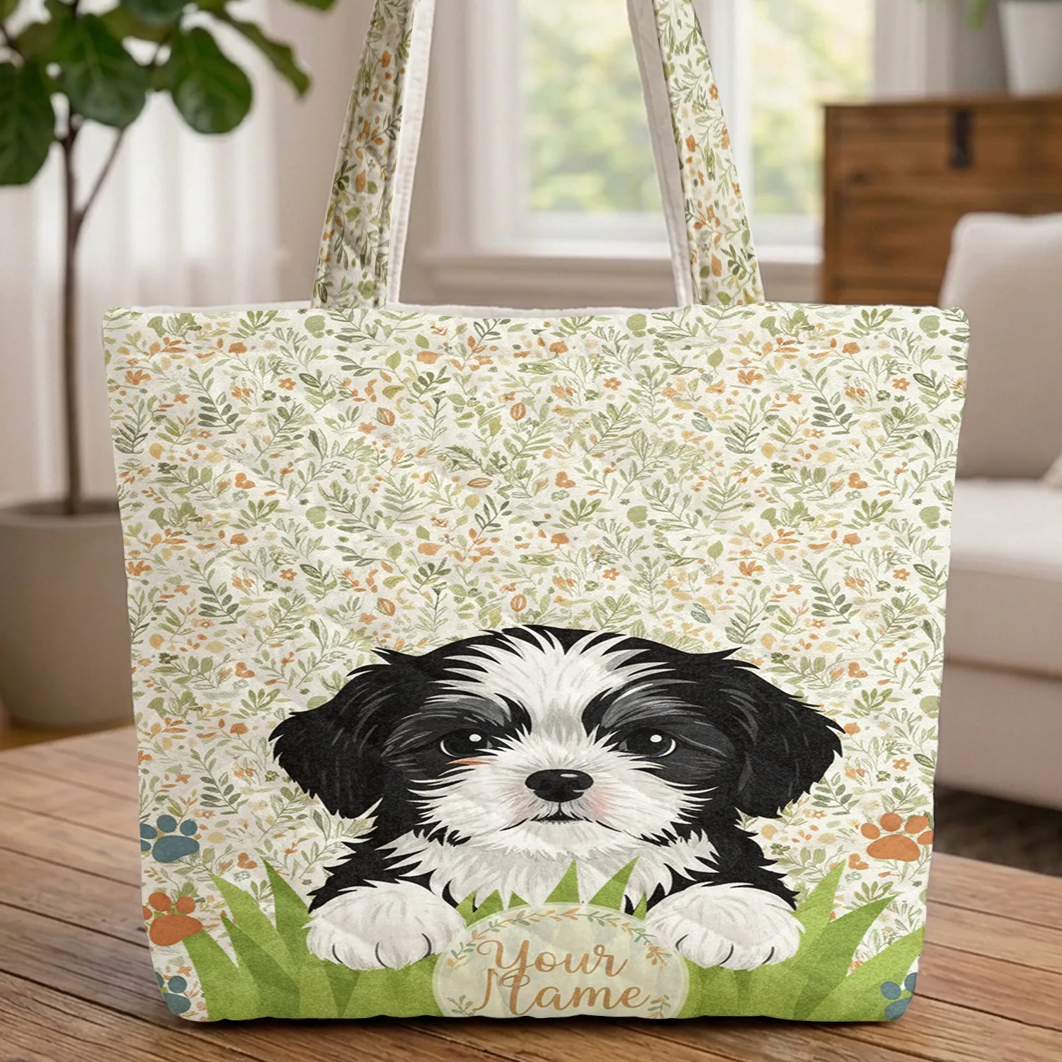 Shih Tzu Puppy Paw Print Floral Wreath - Everyday Carry Gift for Dog Lover Quilted Tote Bag - 1
