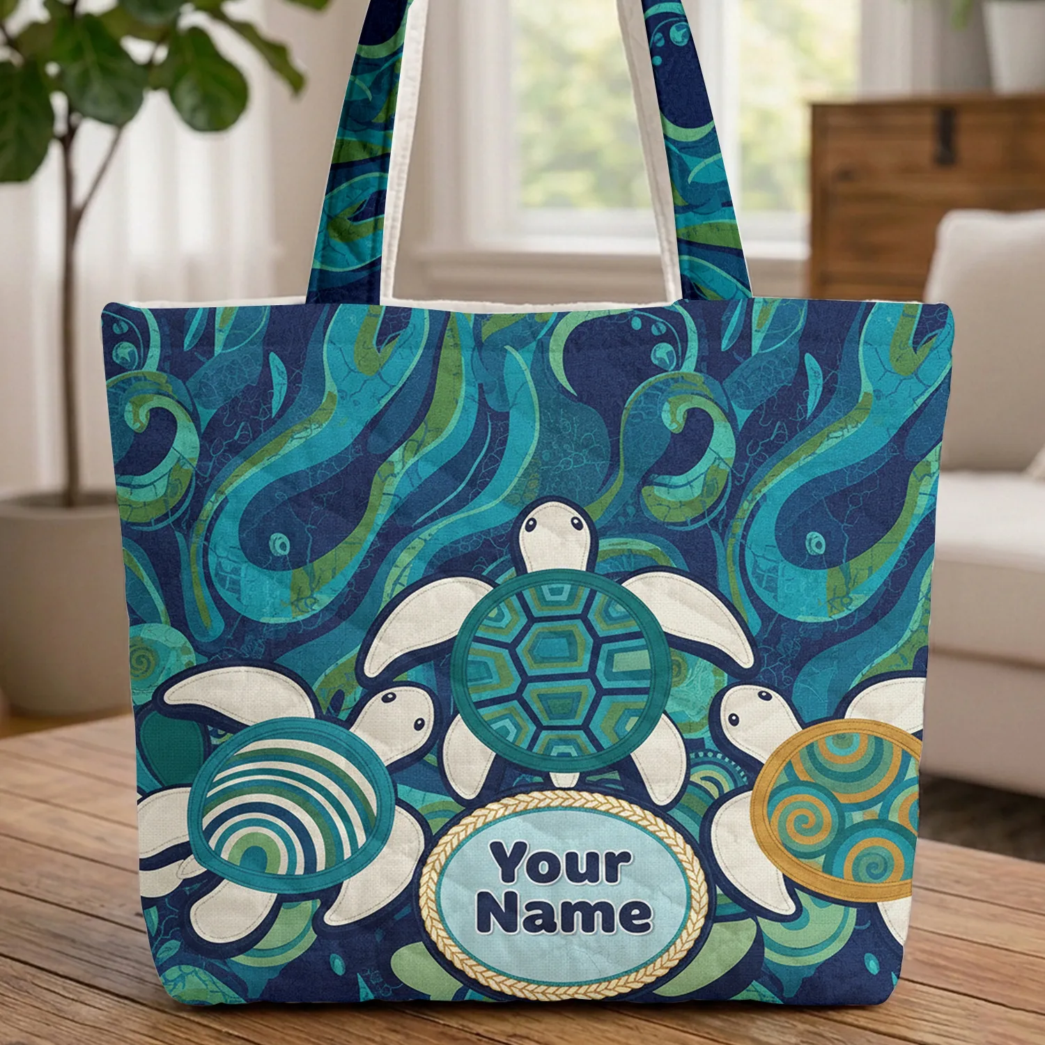 Sea Turtles Swirling Lines Crackle Oval - Ocean Life Lover Travel Essentials Gift Quilted Tote Bag - 1