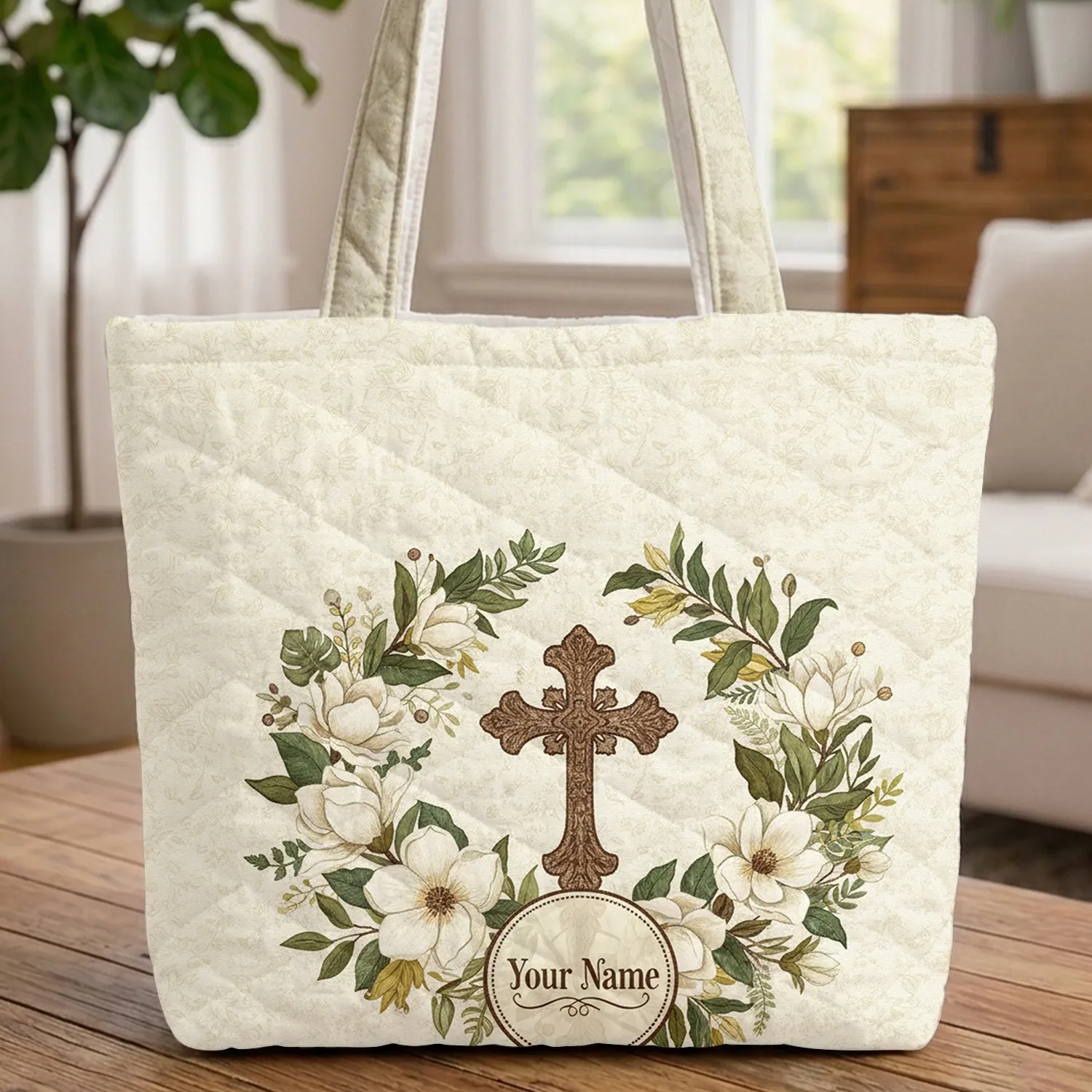 Lush Floral Wreath Ornate Cross Botanical Leaves Scrollwork Name - Everyday Carry Gift Quilted Tote Bag - 1
