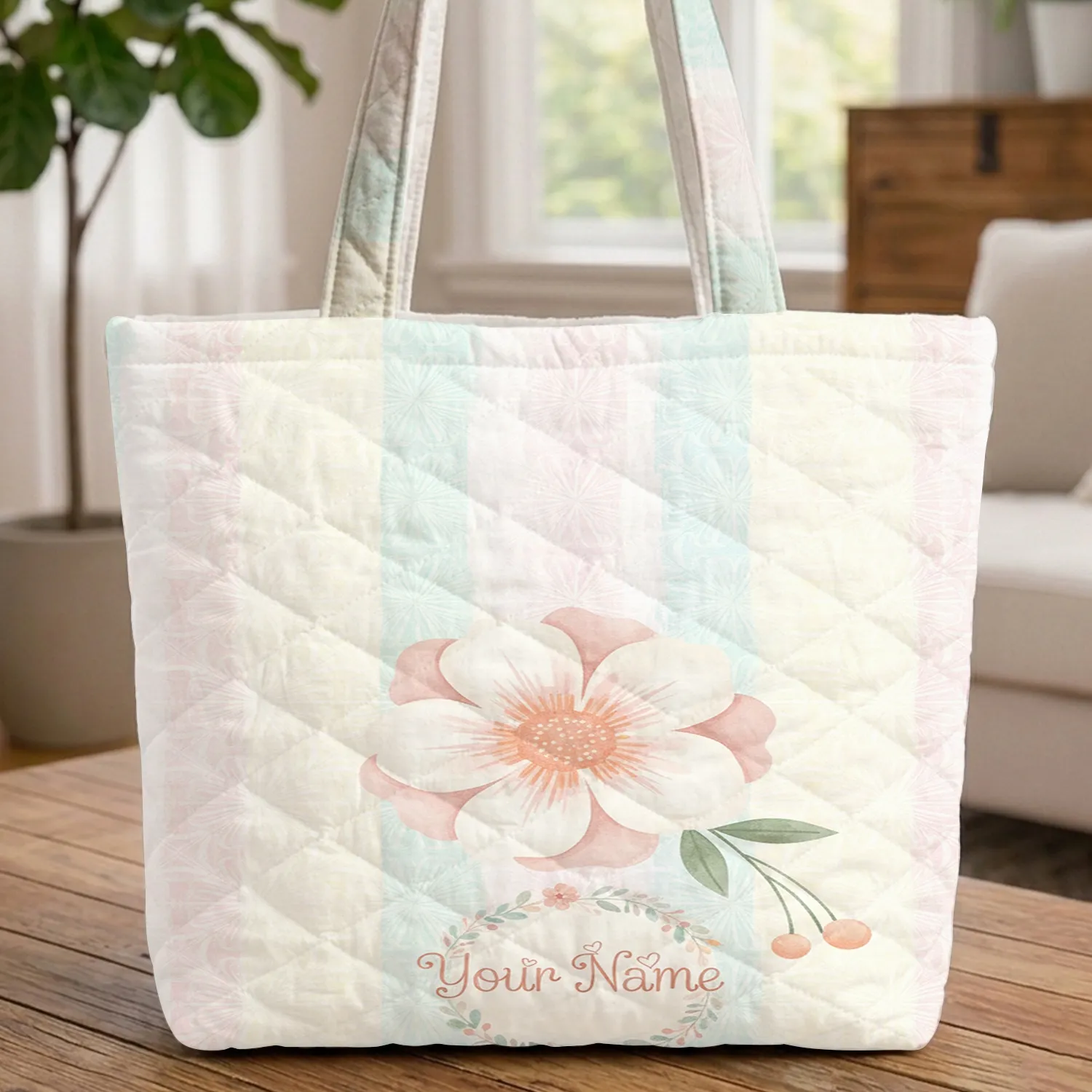 Ruffled Flower Bloom Floral Wreath Tiny Buds Heart Leaf Accents Everyday Carry Lifestyle Gift Quilted Tote Bag - 1