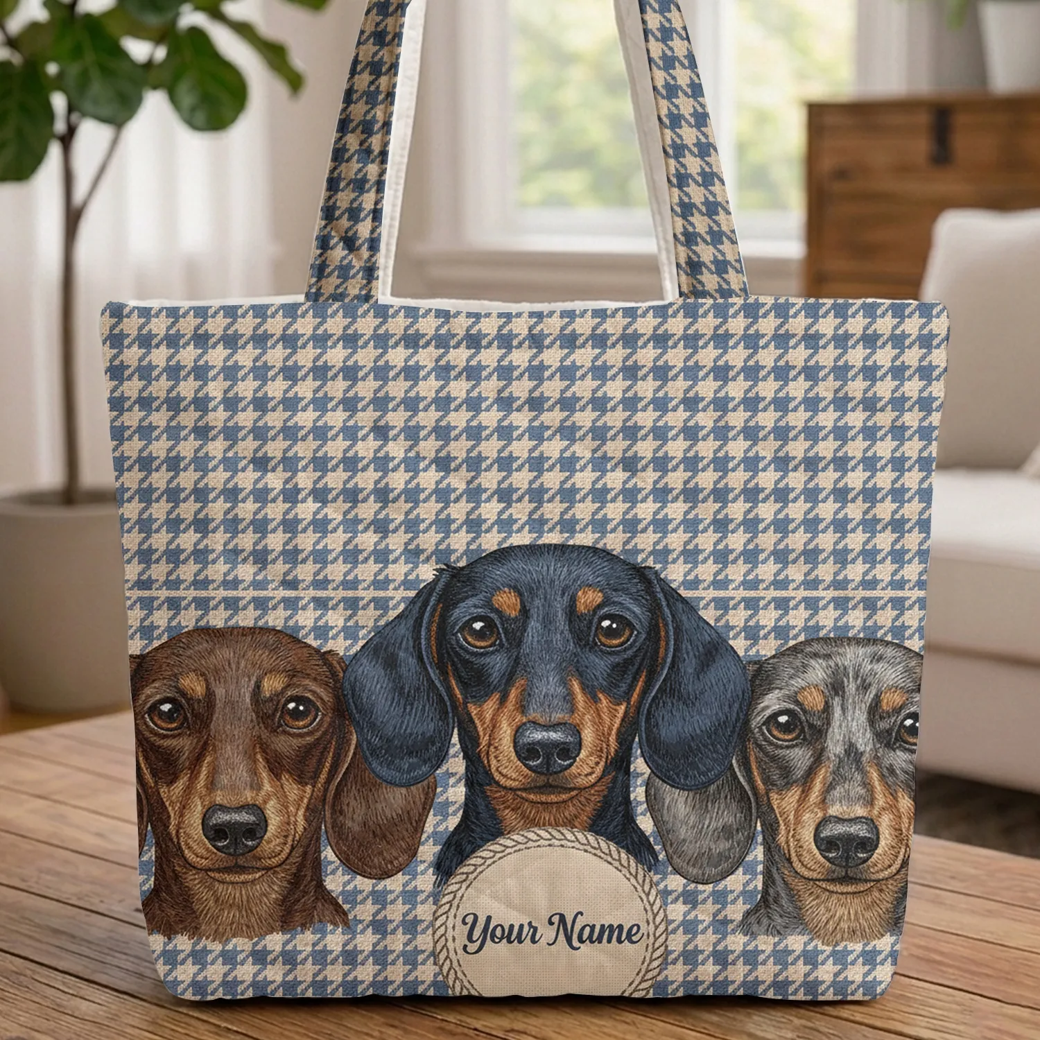 Three Dachshunds Sable Black Tan Dapple Houndstooth Everyday Carry Gift for Dachshund Lover Quilted Tote Bag - 1