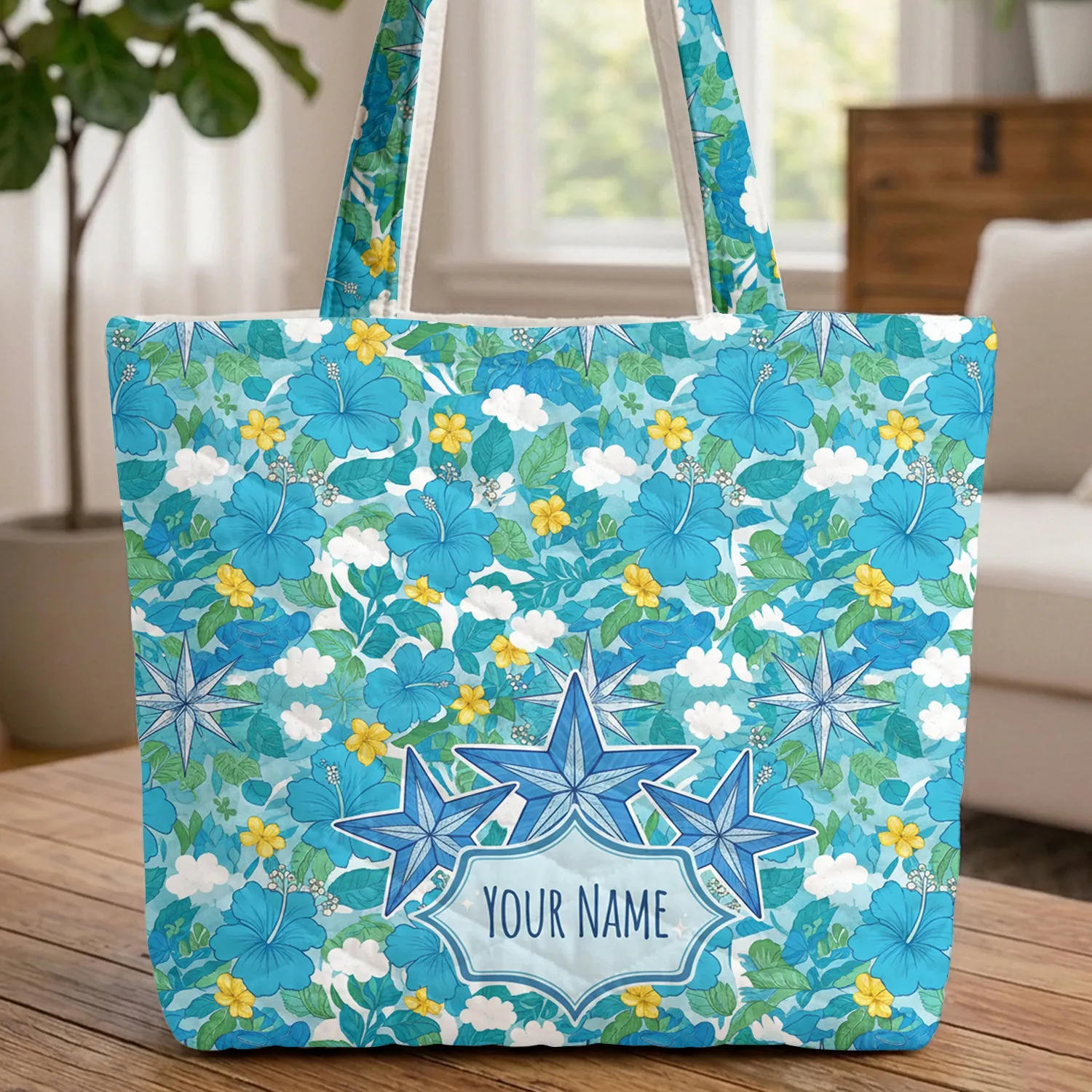 Tropical Hibiscus Floral Nautical Compass Star Personalized Name - Everyday Carry Gift Quilted Tote Bag - 1