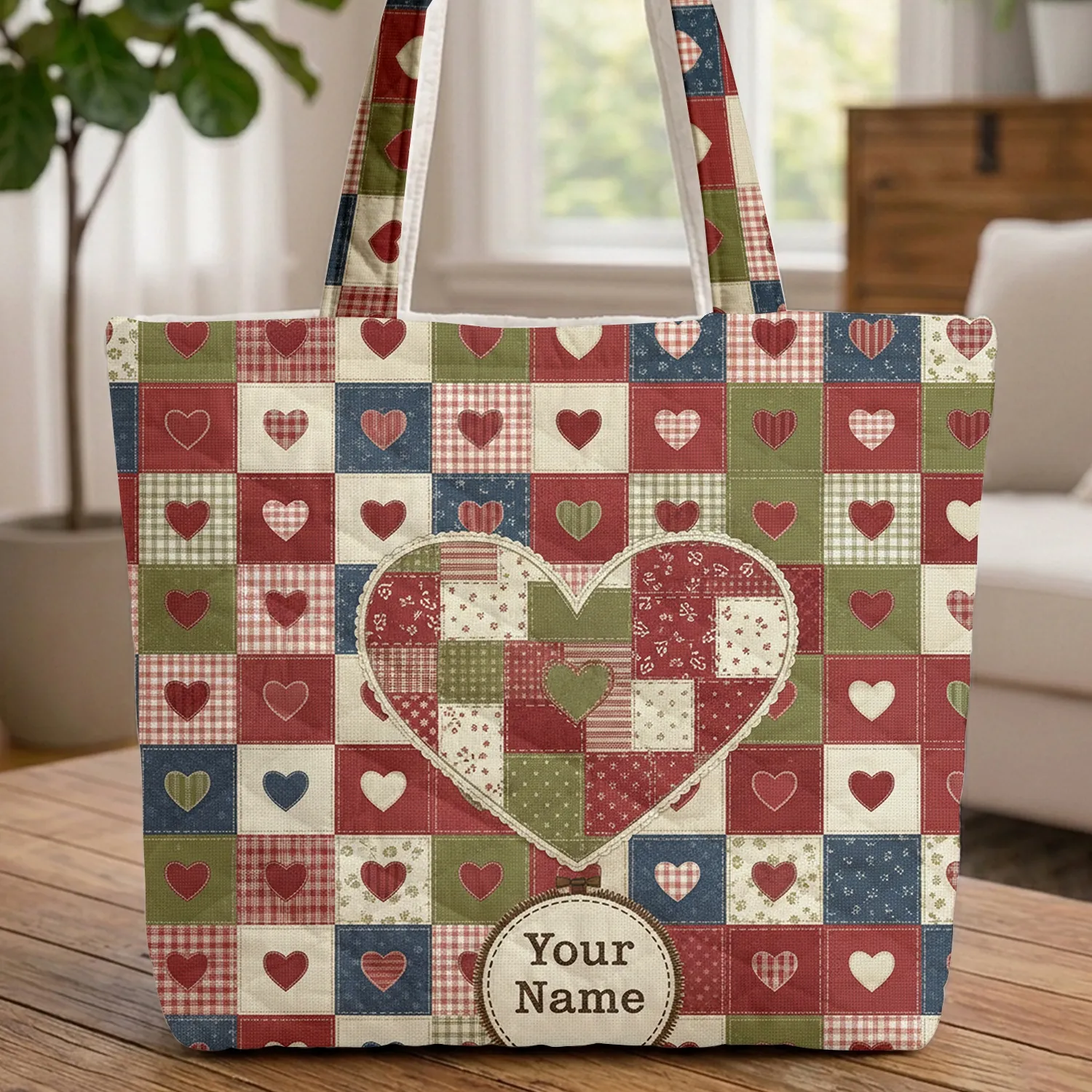 Handcrafted Appliqué Patchwork Heart - Everyday Carry Lifestyle Gift Quilted Tote Bag - 1