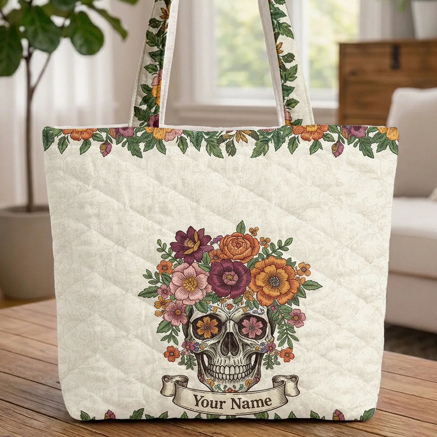 Ornate Skull Flowers Foliage Your Name Scroll - Everyday Carry Lifestyle Gift Quilted Tote Bag - 1
