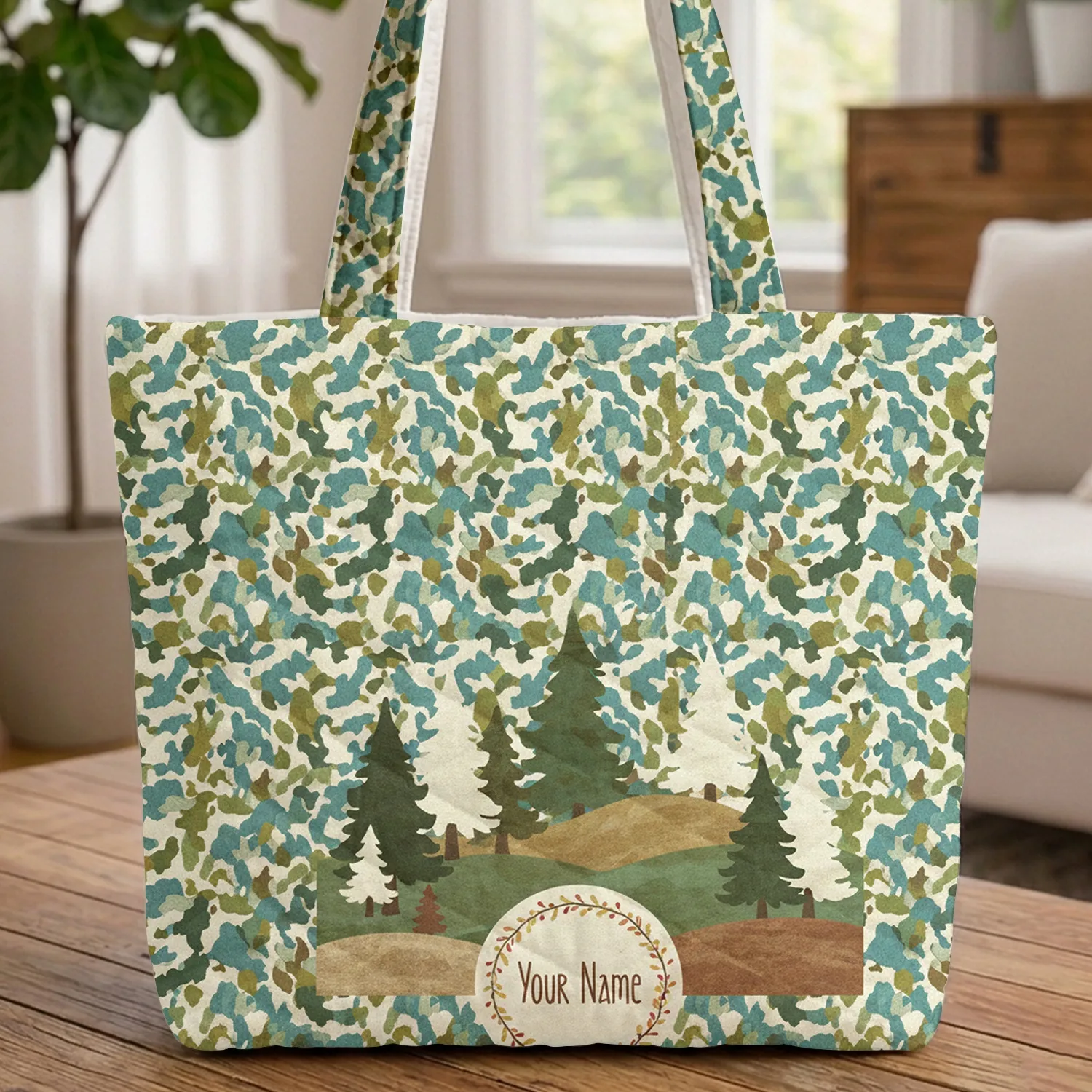 Camouflage Foliage Pine Trees Rolling Hills Berries Leaf Wreath - Everyday Carry Gift Quilted Tote Bag - 1