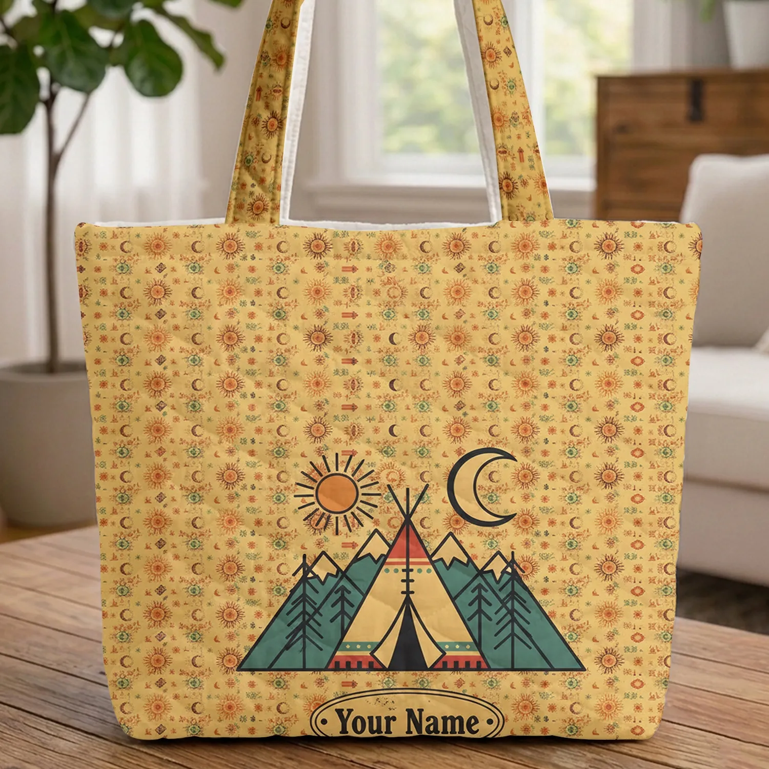 Teepee Mountains Sun Moon Personalized - Southwestern Boho Lifestyle Gift Quilted Tote Bag - 1