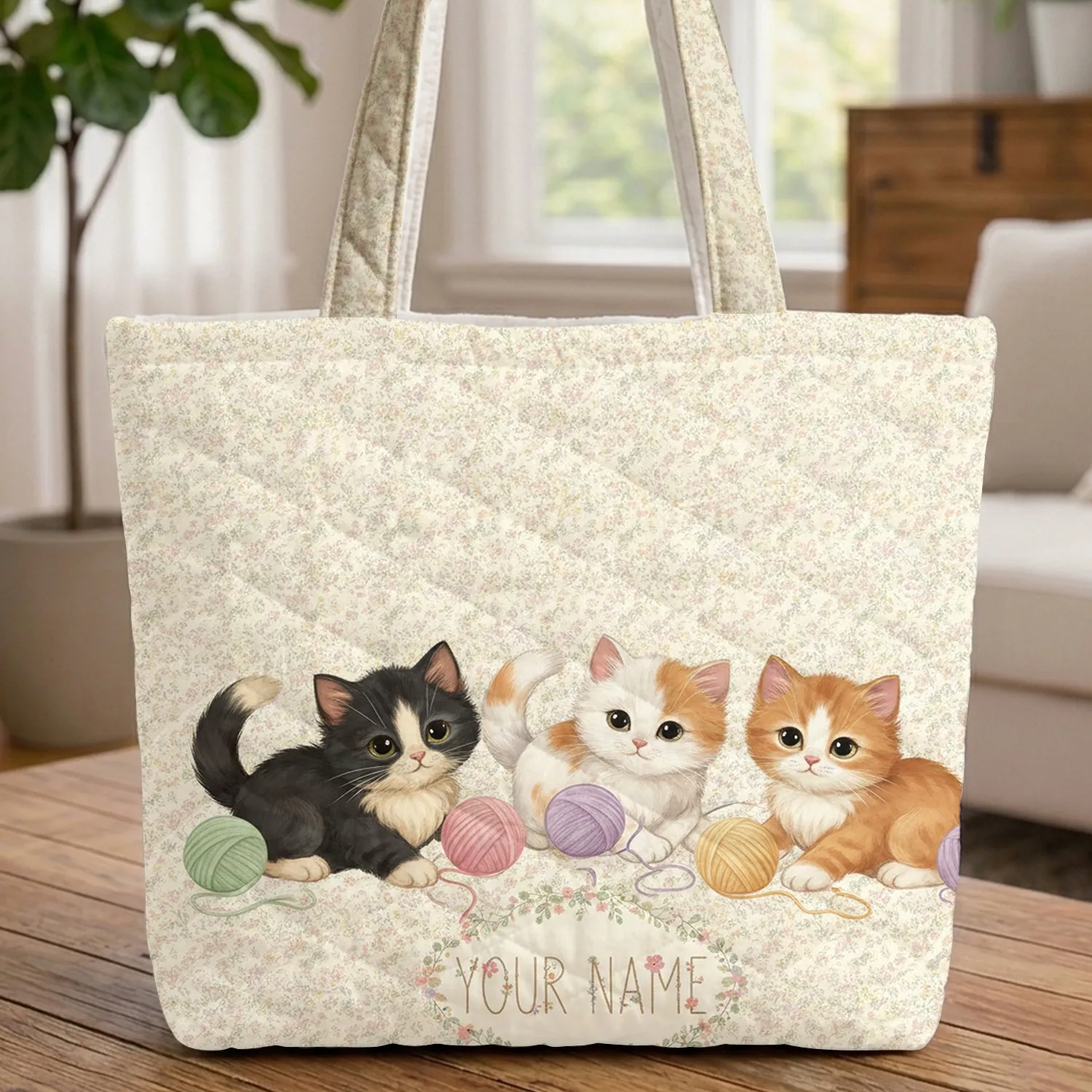 Playful Fluffy Kittens Yarn Balls Chintz Floral Wreath - Everyday Carry Gift for Cat Lover Quilted Tote Bag - 1