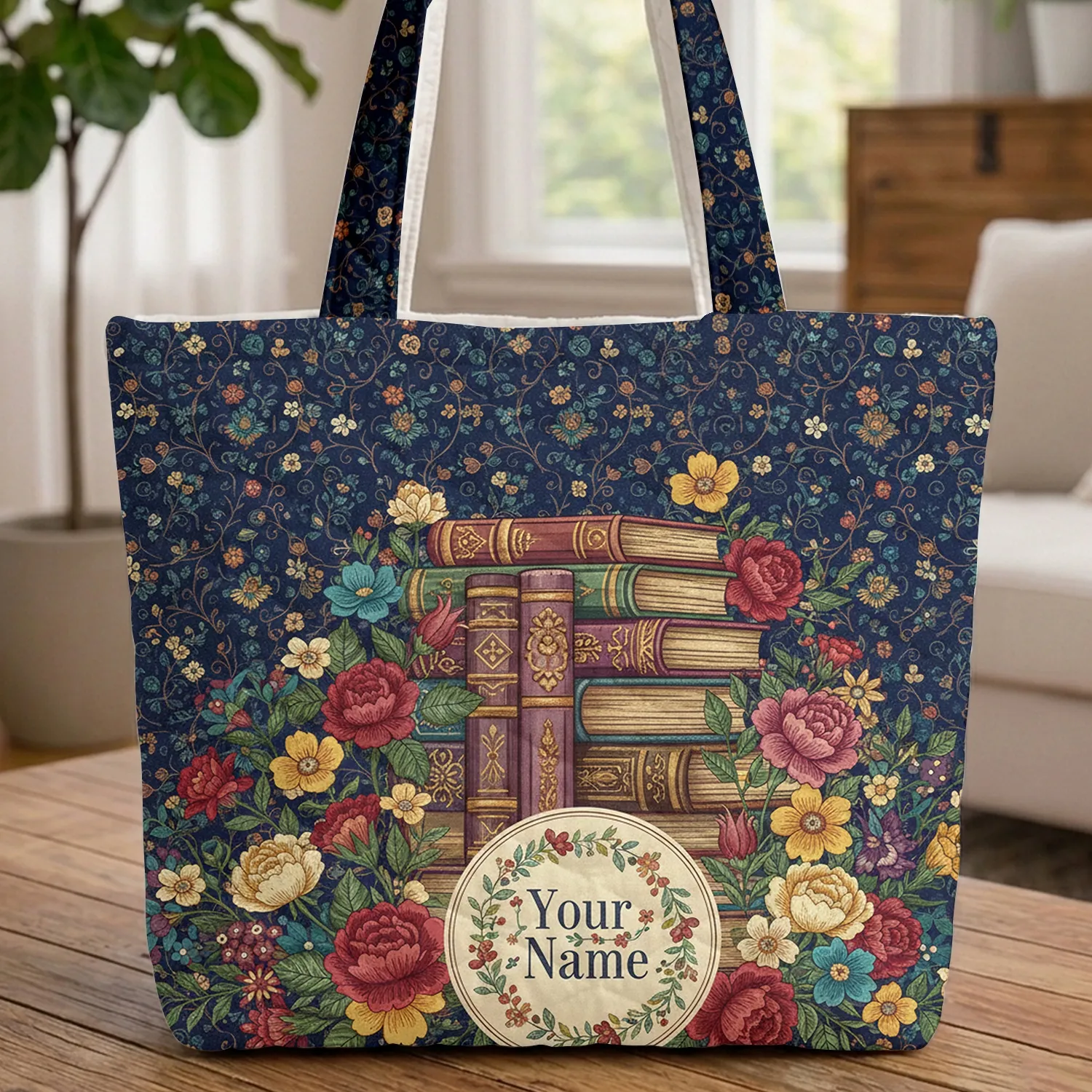 Ornate Vintage Books Swirling Floral Vines Personalized Name Everyday Carry Gift for Book Lovers Quilted Tote Bag - 1