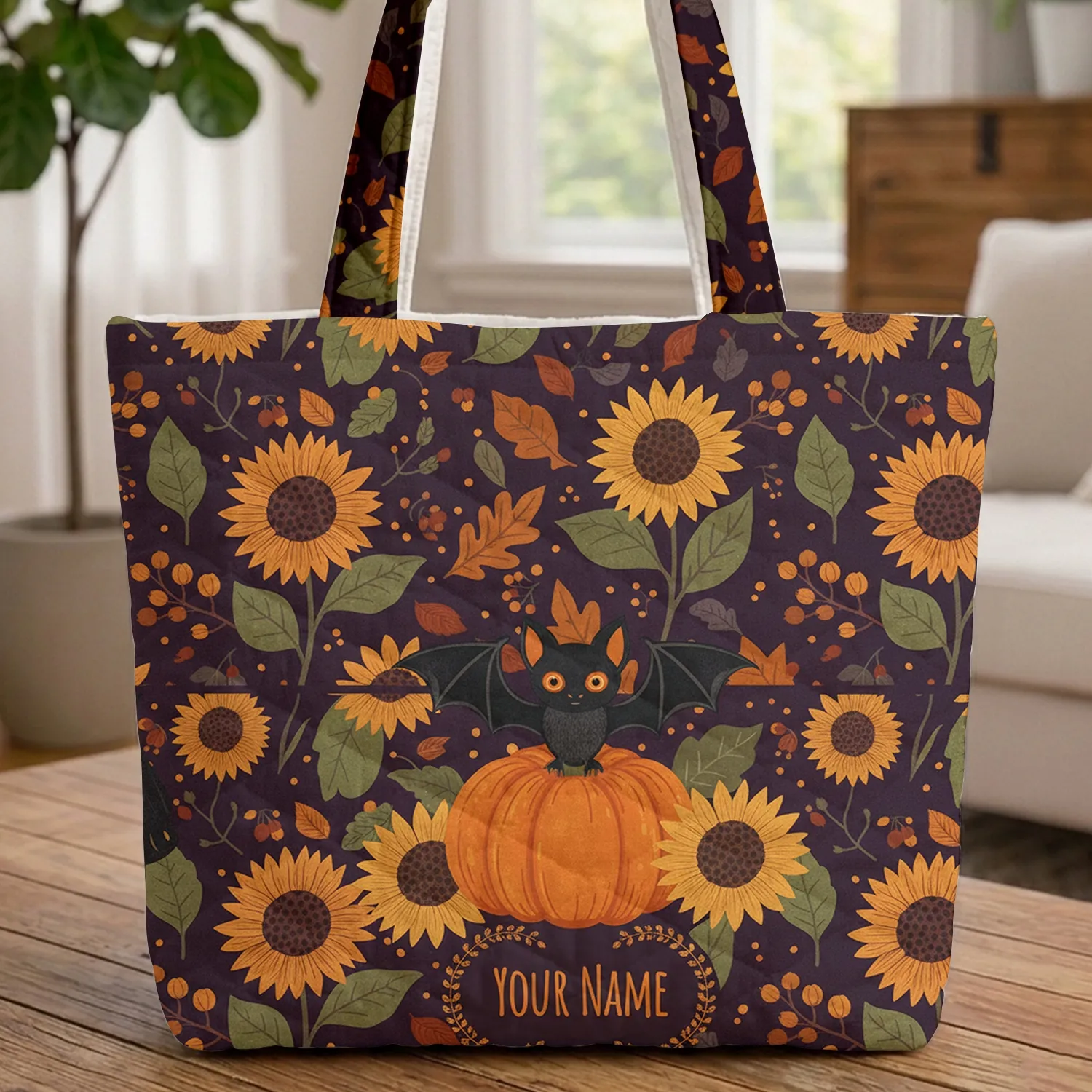 Halloween Bat Pumpkin Sunflowers Autumn Leaves - Halloween Gift Quilted Tote Bag - 1