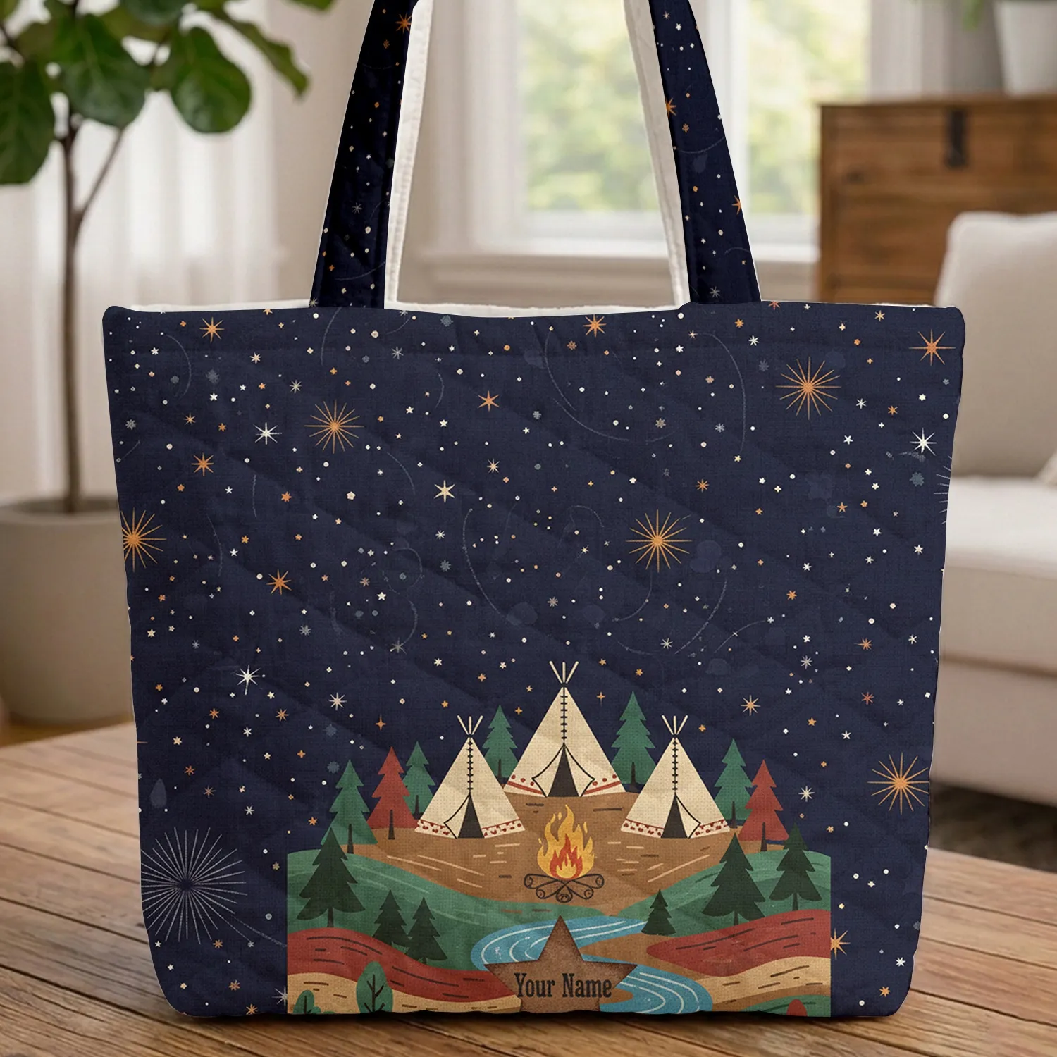 Night Sky Campfire Tipis Rolling Hills - Everyday Carry Gift for Western Lover Quilted Tote Bag - 1