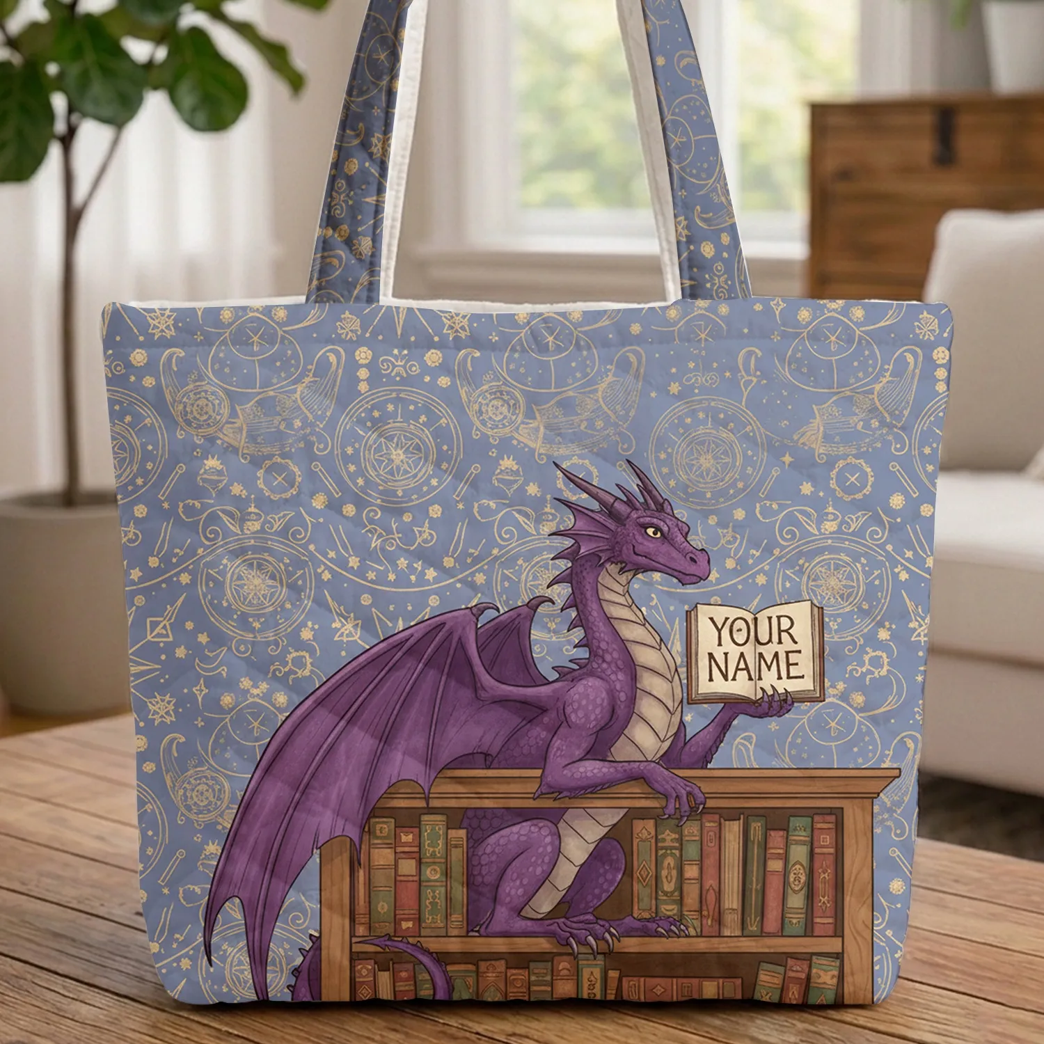 Wise Purple Dragon Bookshelf Golden Celestial - Everyday Carry Gift for Book Lovers Quilted Tote Bag - 1