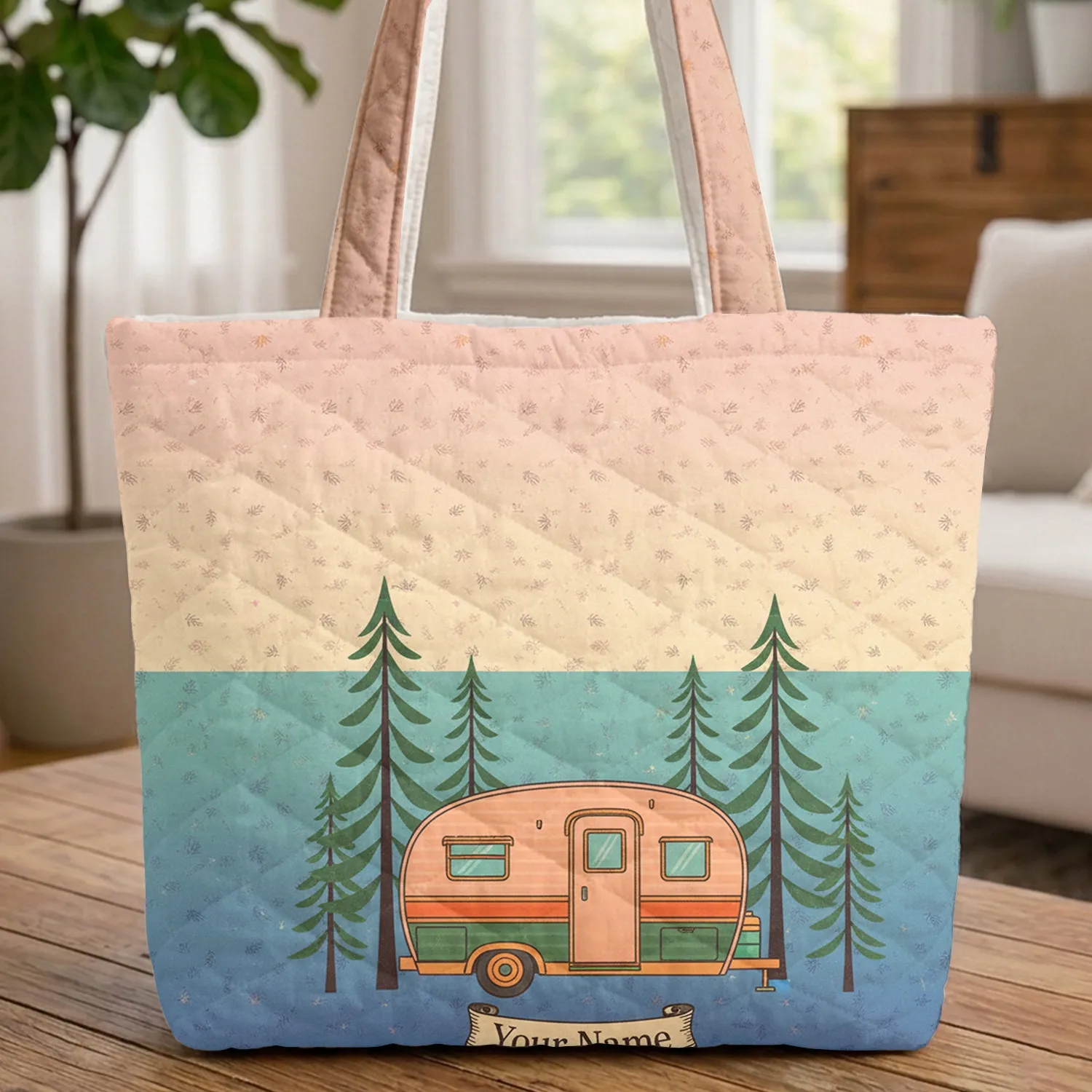 Personalized Vintage Travel Trailer Pine Forest - Travel Essentials Gift Quilted Tote Bag - 1