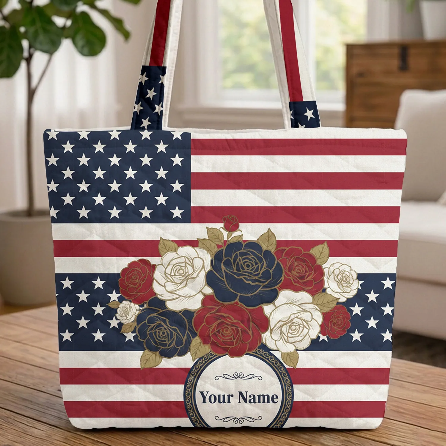Patriotic Roses American Flag Medallion Personalized Everyday Carry Gift Quilted Tote Bag - 1