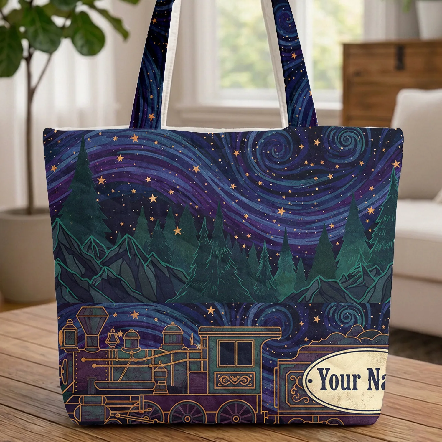 Cosmic Starry Night Steam Train Personalized Travel Essentials Train Lover Gift Quilted Tote Bag - 1