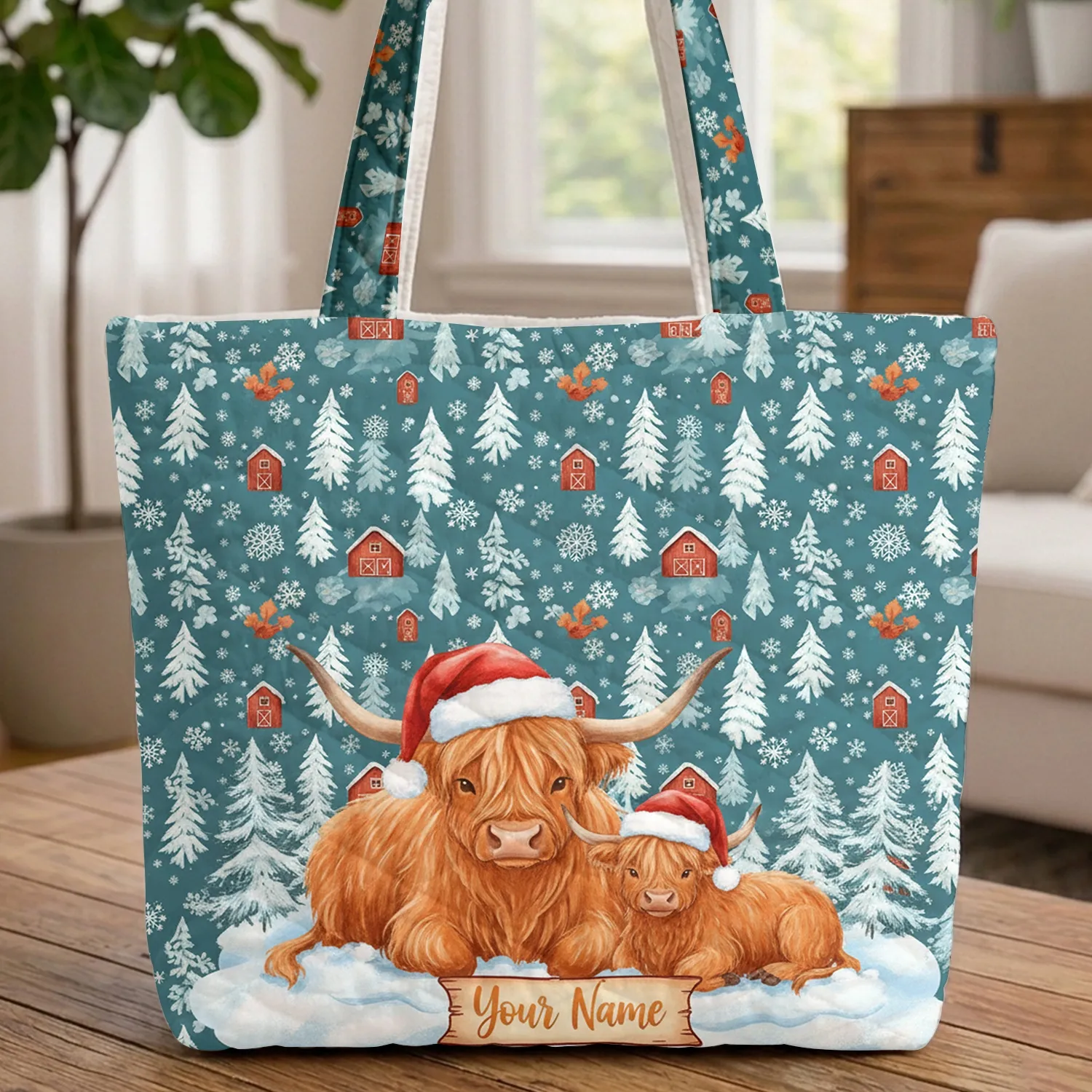 Highland Cow Santa Hats Pine Trees Snowflakes Snowdrift Christmas Winter Season Carry Gift Quilted Tote Bag - 1