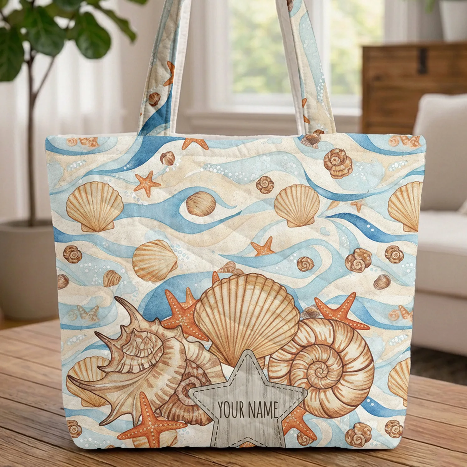 Coastal Seashell Starfish Ocean Waves - Everyday Carry Gift for Beach Goer Quilted Tote Bag - 1