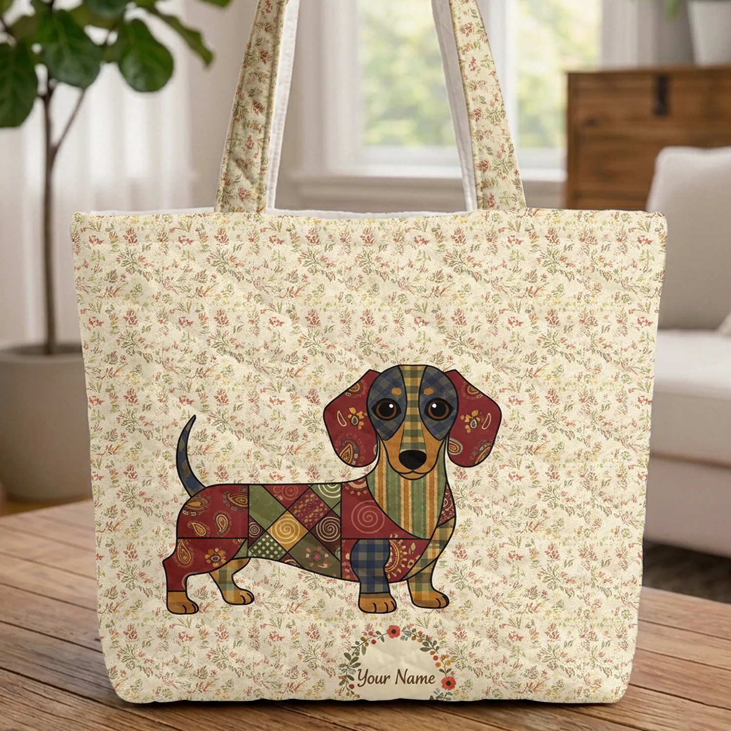 Dachshund Botanical Sprigs Floral Wreath - Everyday Carry Gift for Dog Lovers Quilted Tote Bag - 1