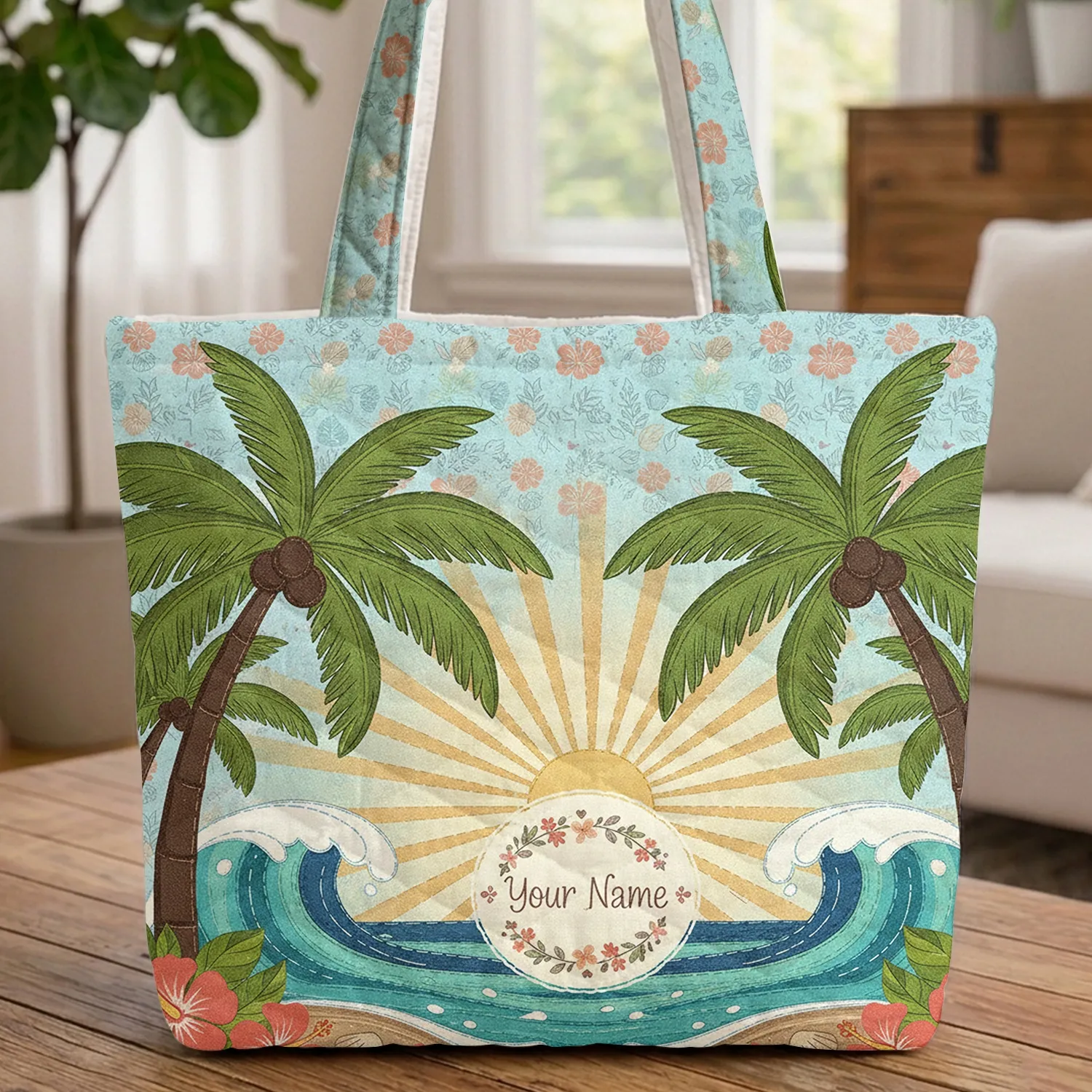 Tropical Beach Palm Trees Ocean Hibiscus Seashells Name Wreath - Travel Essentials Quilted Tote Bag - 1