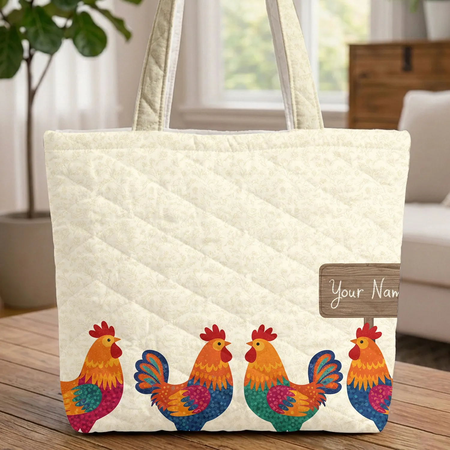 Botanical Motif Roosters Personalized Name Sign Everyday Carry Gift for Rooster Lover Quilted Tote Bag - 1