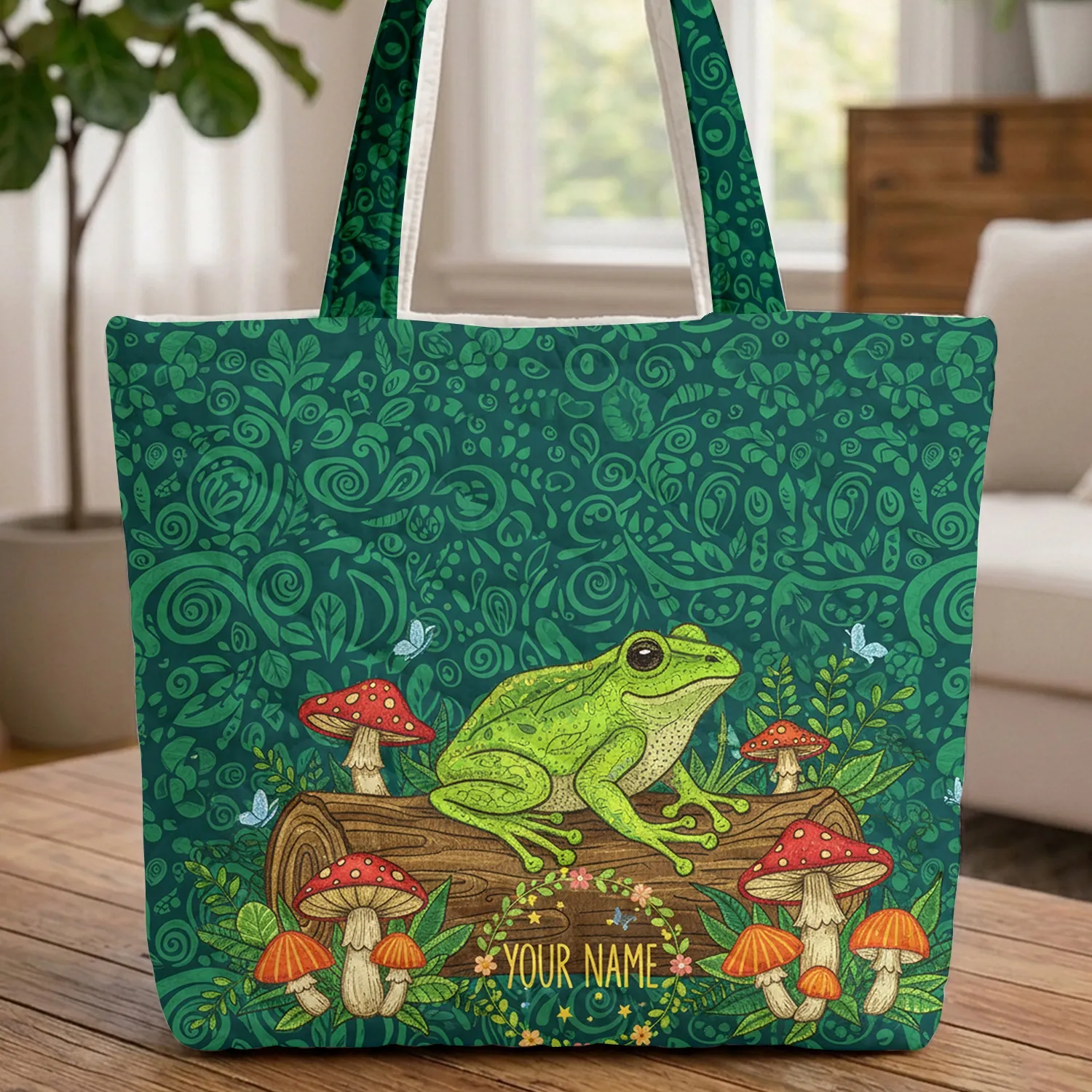 Vibrant Frog Red Mushroom Floral Wreath Personalized Everyday Carry Gift Quilted Tote Bag - 1