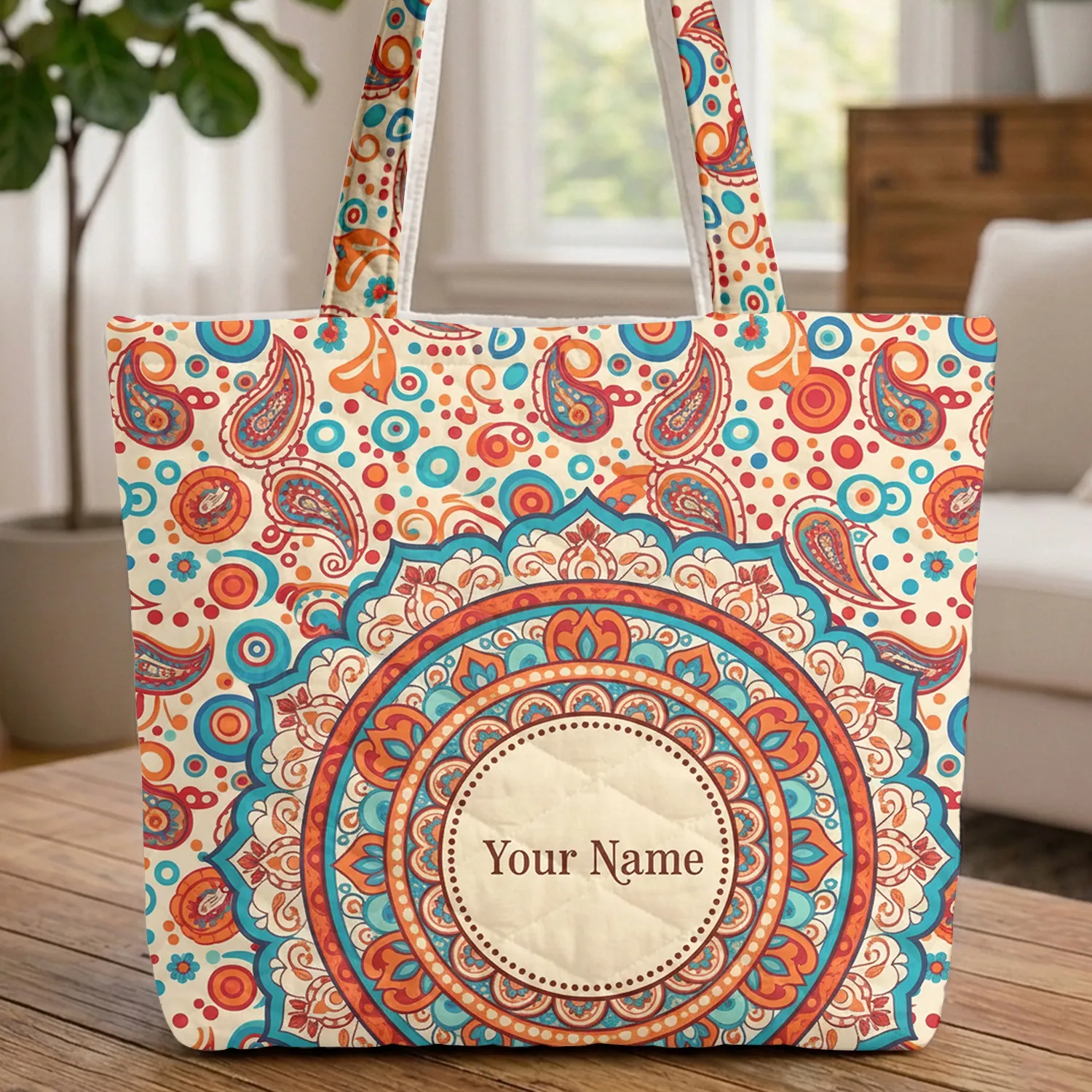 Paisley Polka Dot Personalized Name - Everyday Carry Travel Gift Quilted Tote Bag - 1