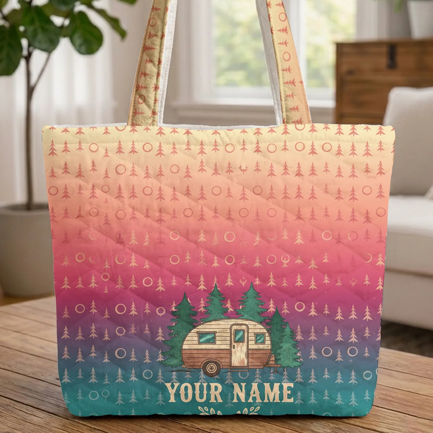 Vintage Camper Moon Stars Forest Road Trip Carry Gift Quilted Tote Bag - 1