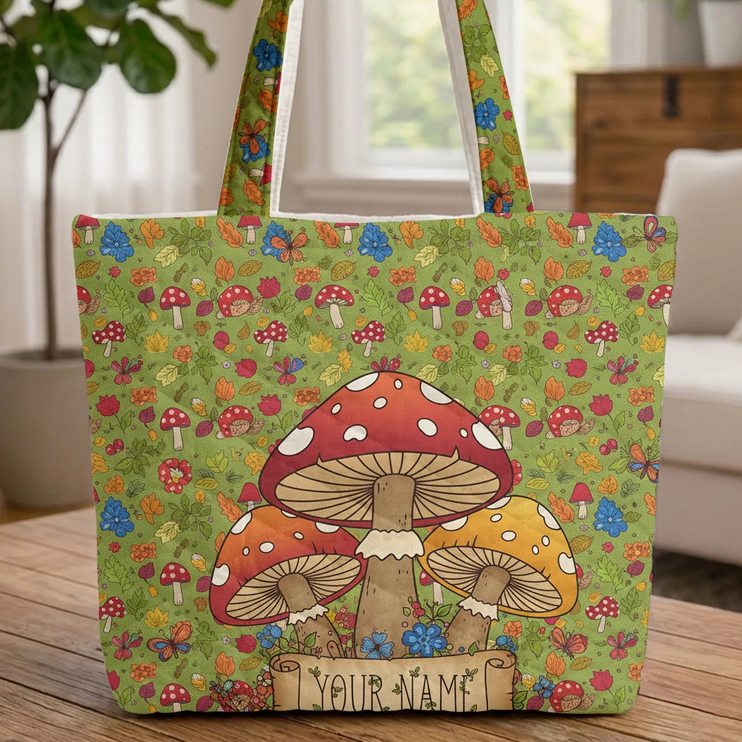 Toadstool Mushroom Name Scroll Butterfly Flower Leaf Berry - Everyday Carry Gift Quilted Tote Bag - 1