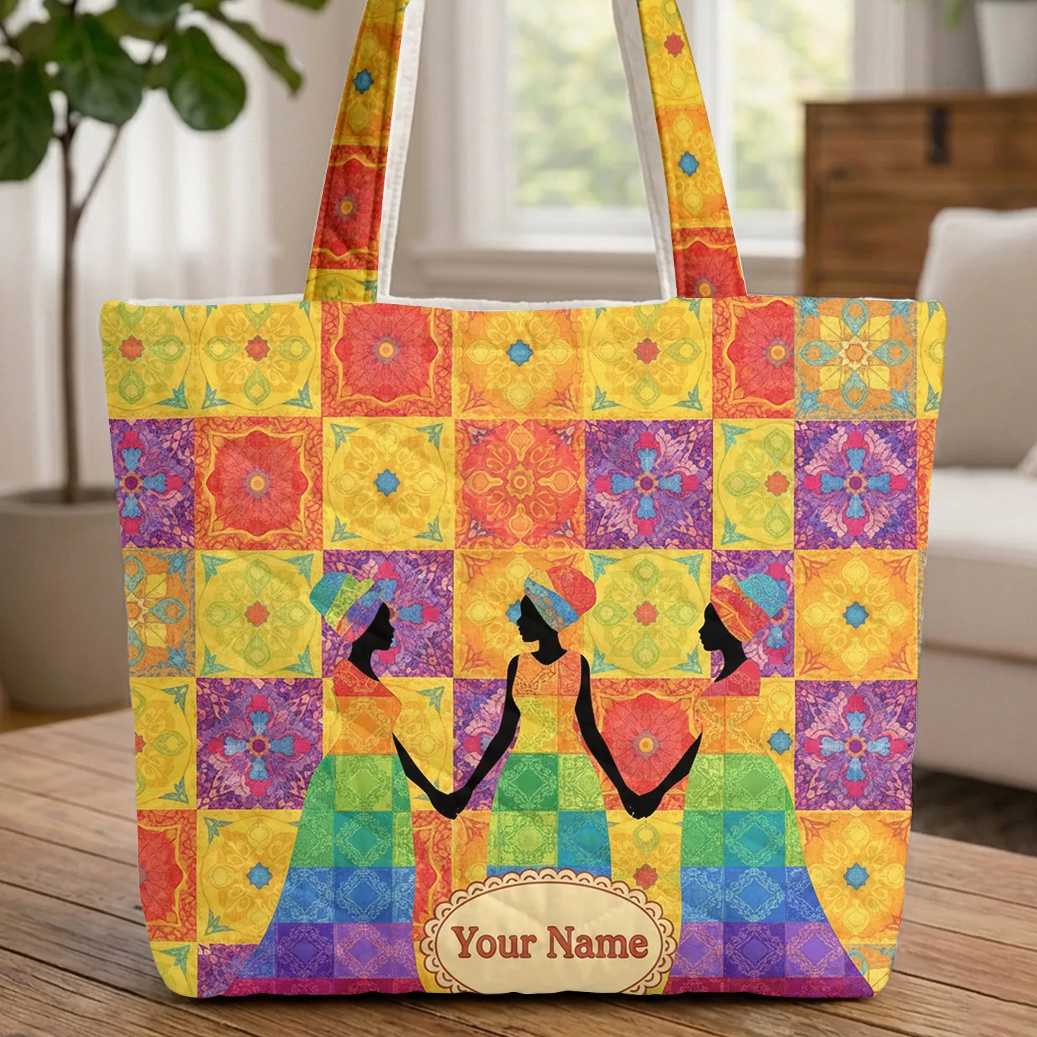 Three Women Flowing Dresses Name Swirls Floral - Everyday Carry Gift for Her Quilted Tote Bag - 1