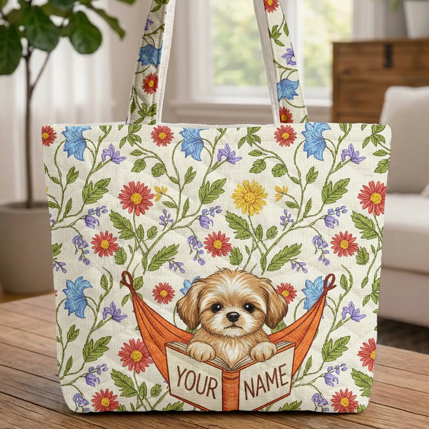 Personalized Shih Tzu Puppy Reading Book in Hammock - Everyday Carry Gift for Dog Owners Quilted Tote Bag - 1