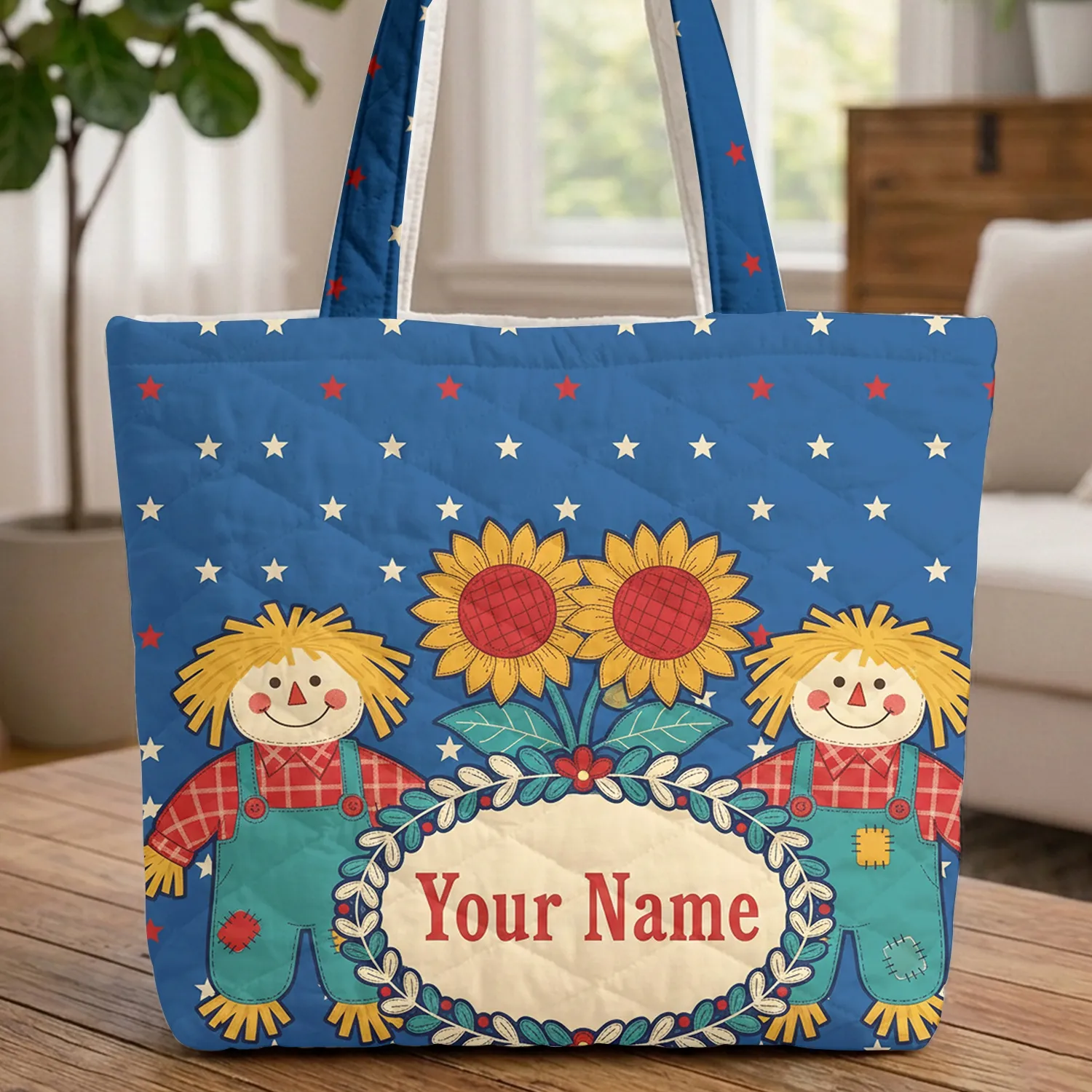 Folk Art Sunflowers Starry Wreath Name - Everyday Carry Gift Quilted Tote Bag - 1