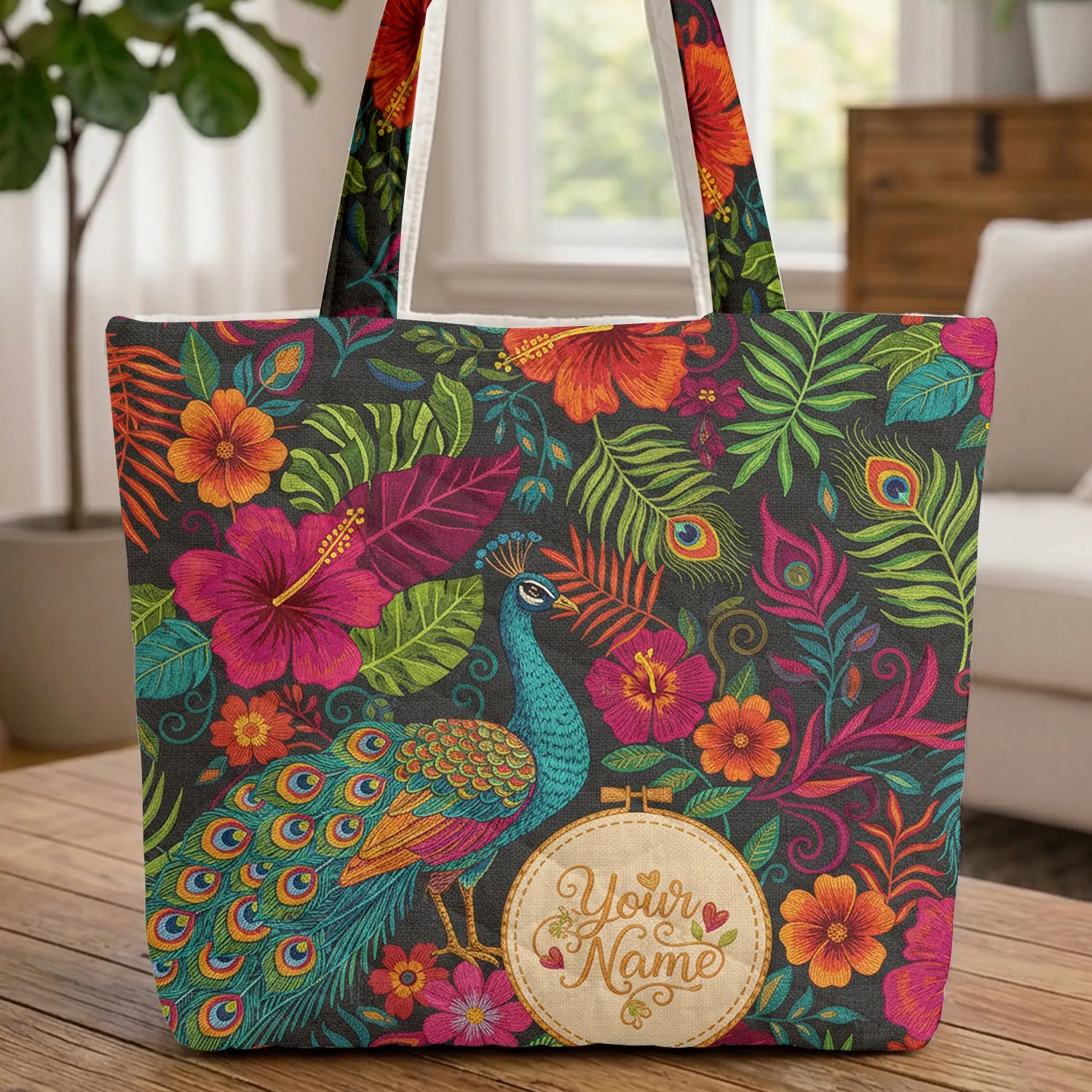 Elegant Peacock Hibiscus Palm Personalized Name - Travel Essentials Gift Quilted Tote Bag - 1