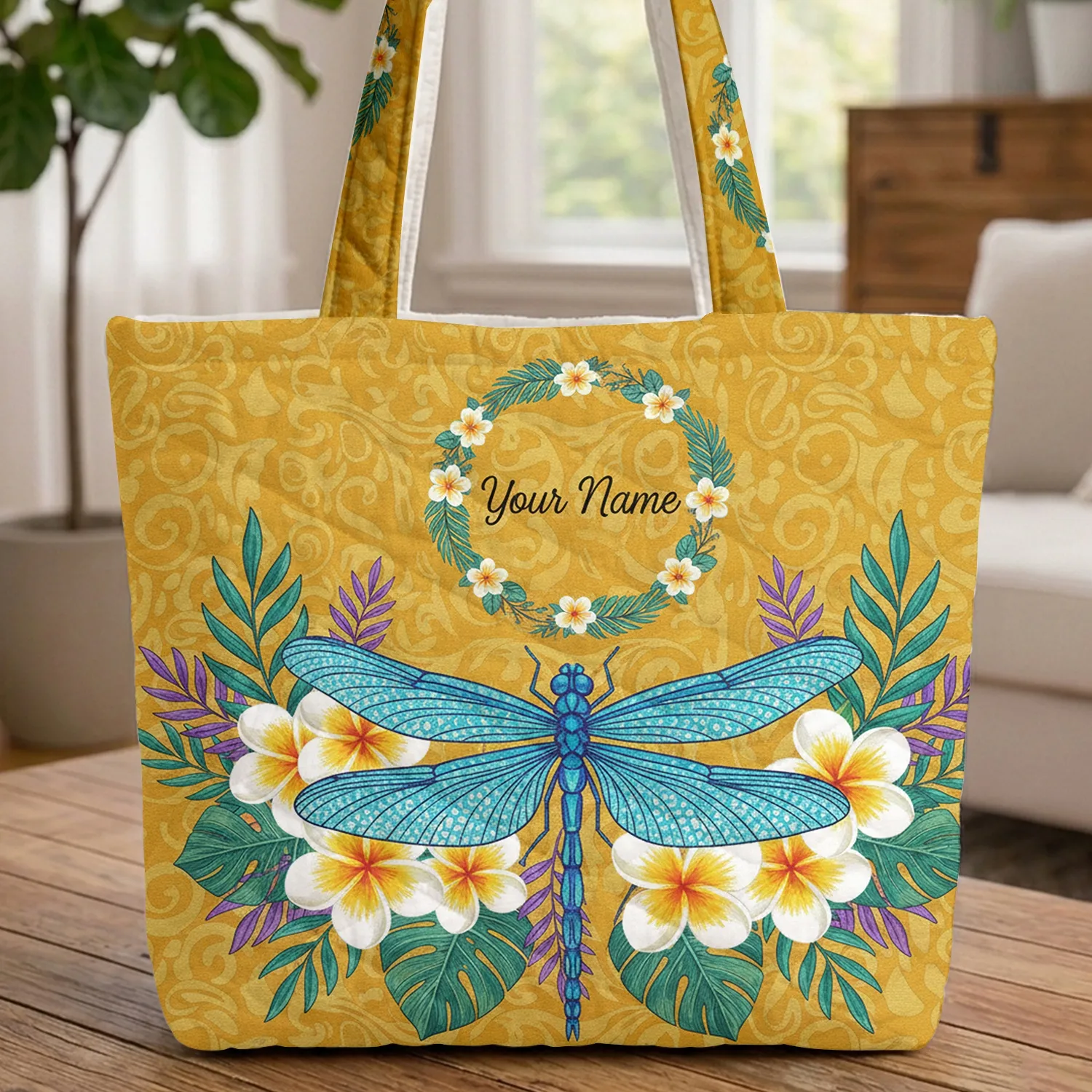 Blue Dragonfly Tropical Plumeria Swirls Botanical - Everyday Carry Gift Quilted Tote Bag - 1