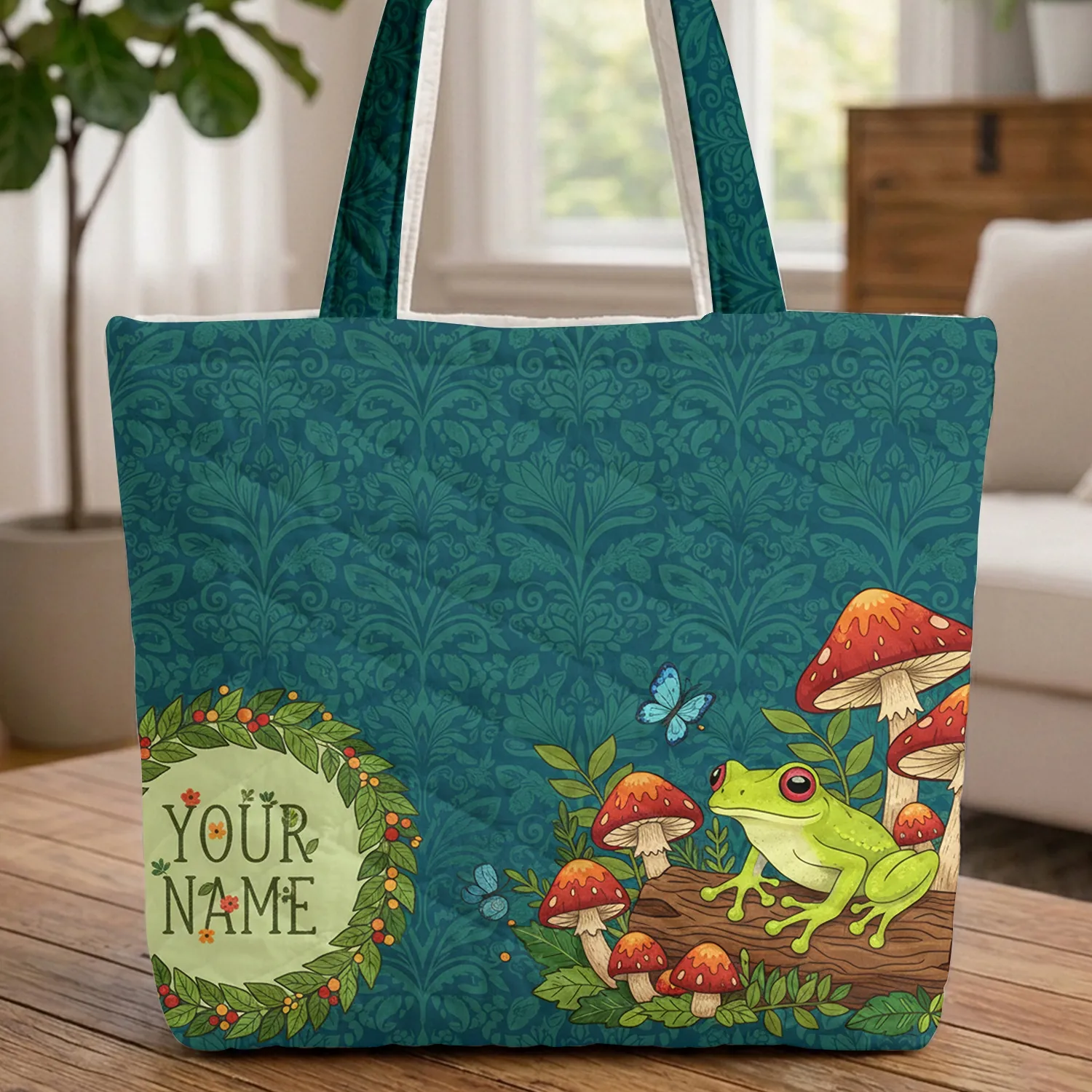 Red Eyed Green Frog Toadstools Butterfly Leaf Garland - Wildlife Lover Carryall Quilted Tote Bag - 1