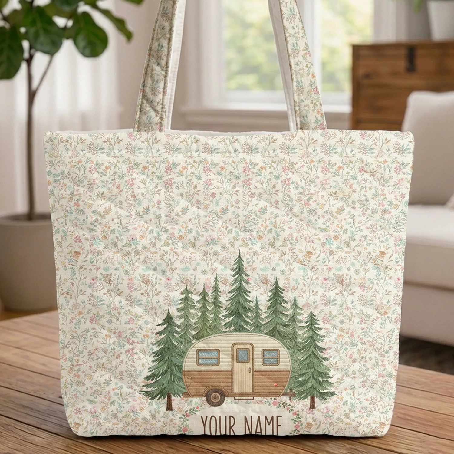 Vintage Camper Trailer Wildflower Forest - Road Trip Travel Essentials Quilted Tote Bag - 1