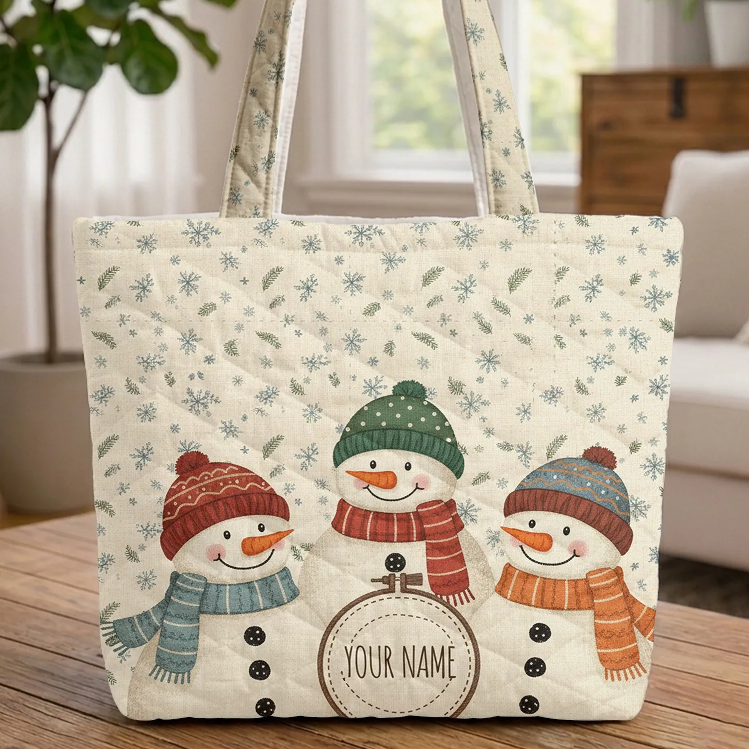 Winter Hat Scarf Snowmen Snowflakes Evergreen Christmas Gift Quilted Tote Bag - 1