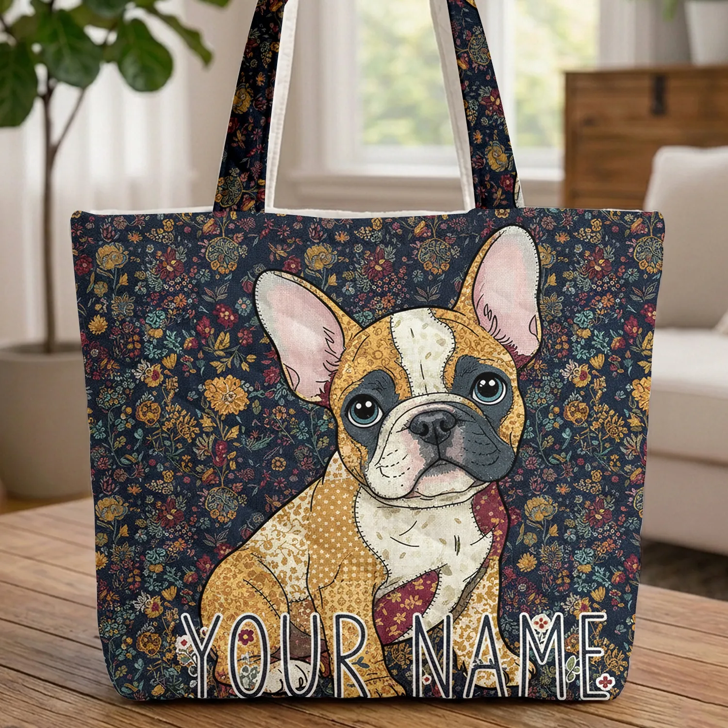 French Bulldog Puppy Patchwork Floral Appliqué - Everyday Carry Dog Lover Gift Quilted Tote Bag - 1