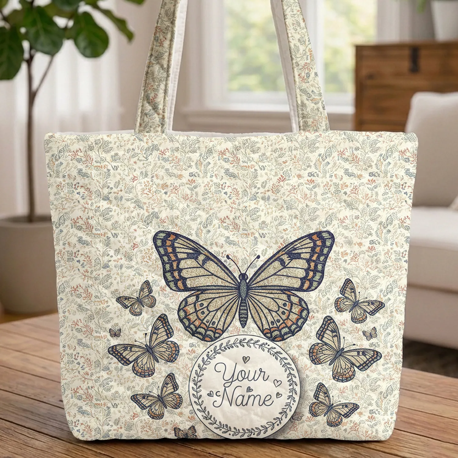 Ornate Butterfly Scrolling Leaves Floral Wreath Your Name - Everyday Carry Gift Quilted Tote Bag - 1