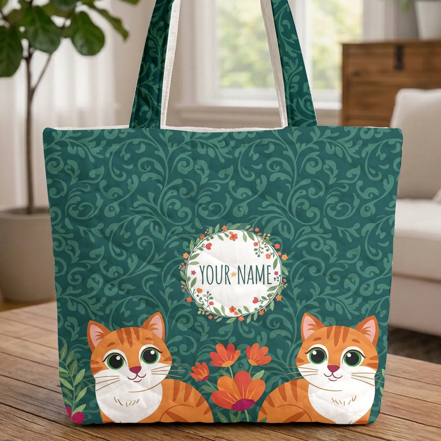 Ginger Cats Floral Garland Swirling Leaves - Everyday Carry Gift for Cat Lovers Quilted Tote Bag - 1