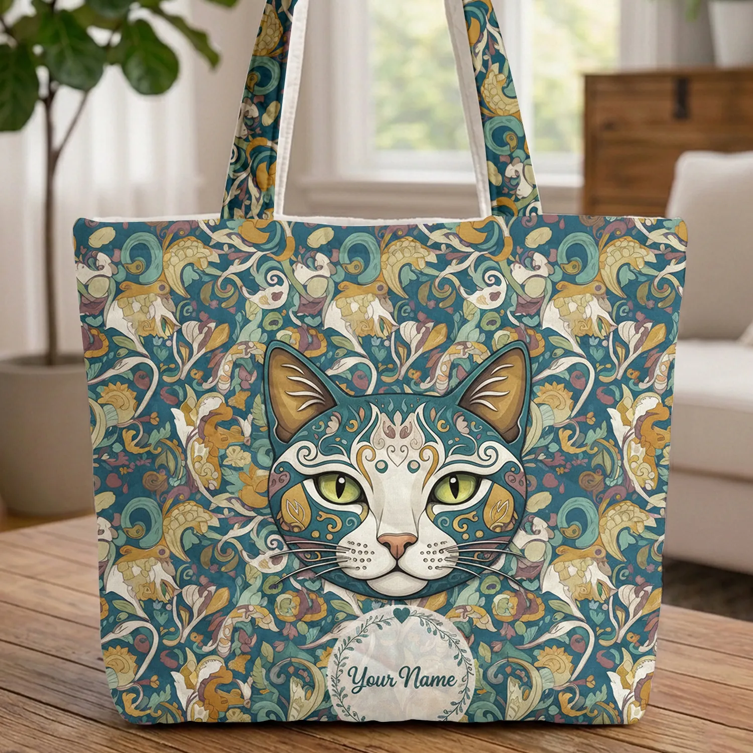 Cat Face Relief Pattern Floral Wreath Swirl Vines - Everyday Carry Gift for Cat Lover Quilted Tote Bag - 1
