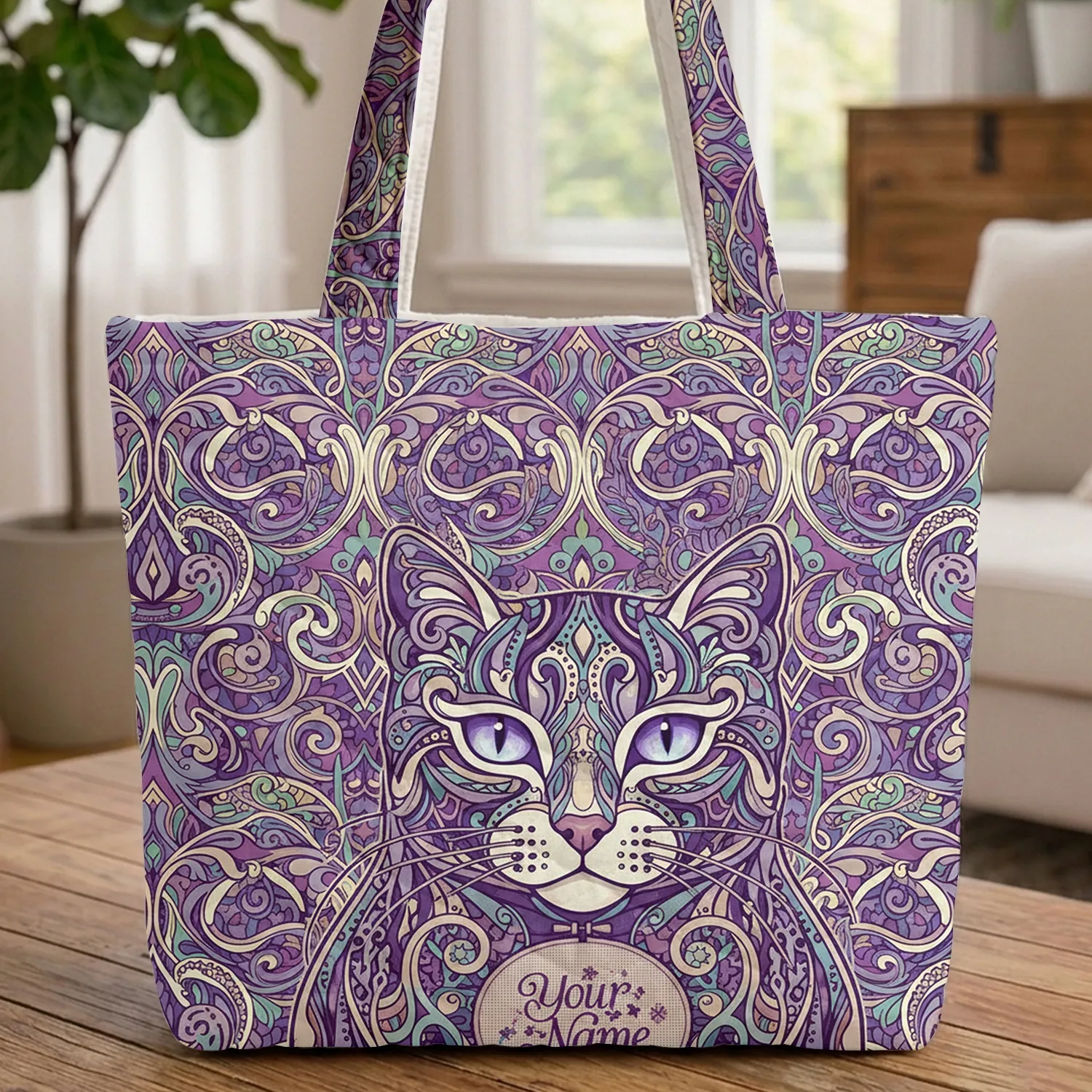 Cat Face Filigree Paisley Art Nouveau - Everyday Carry Personalized Name Gift Quilted Tote Bag - 1