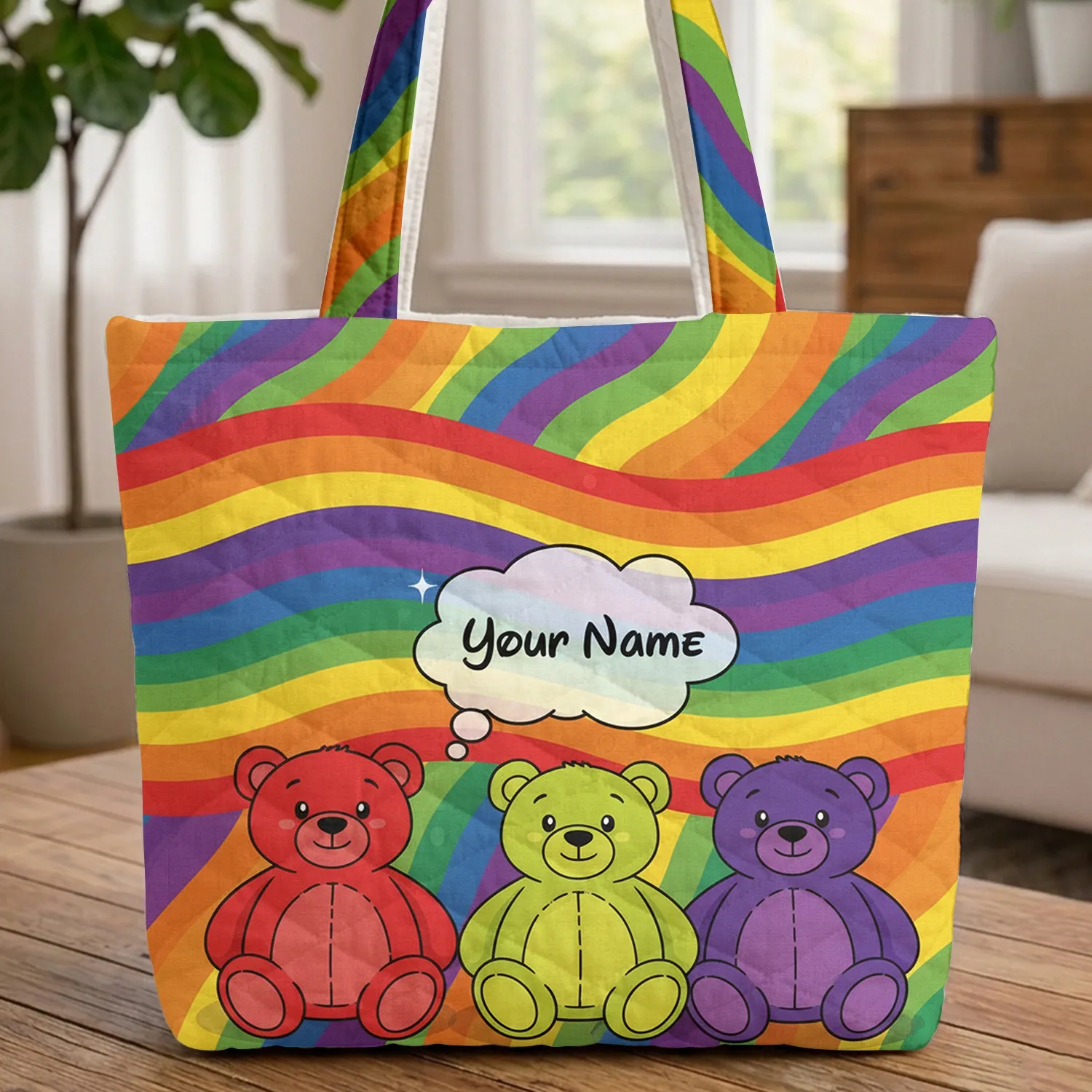 Red Yellow-Green Purple Teddy Bears Rainbow Stripes - Everyday Carry Gift Quilted Tote Bag - 1