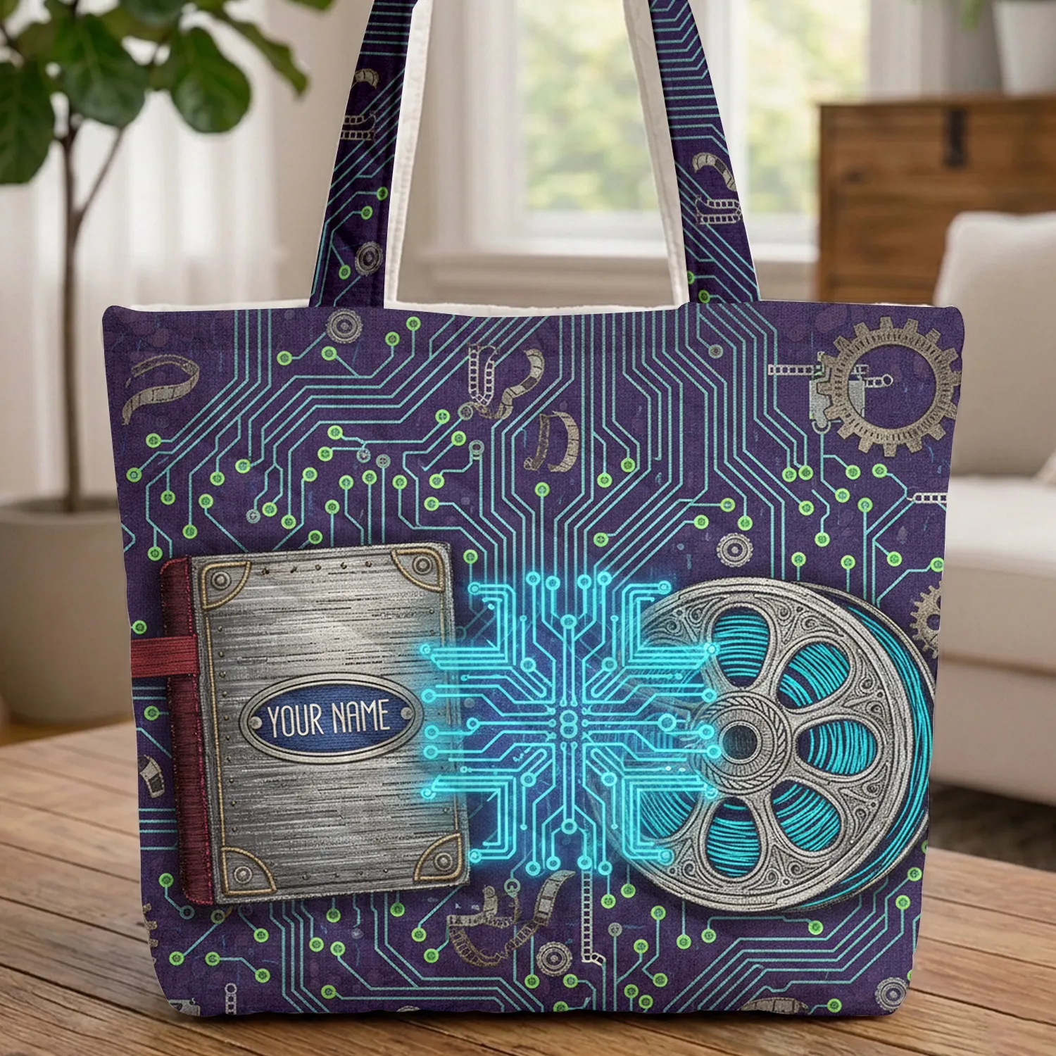 Steampunk Locked Diary Data Reel Neon Circuit - Everyday Carry Gift Quilted Tote Bag - 1