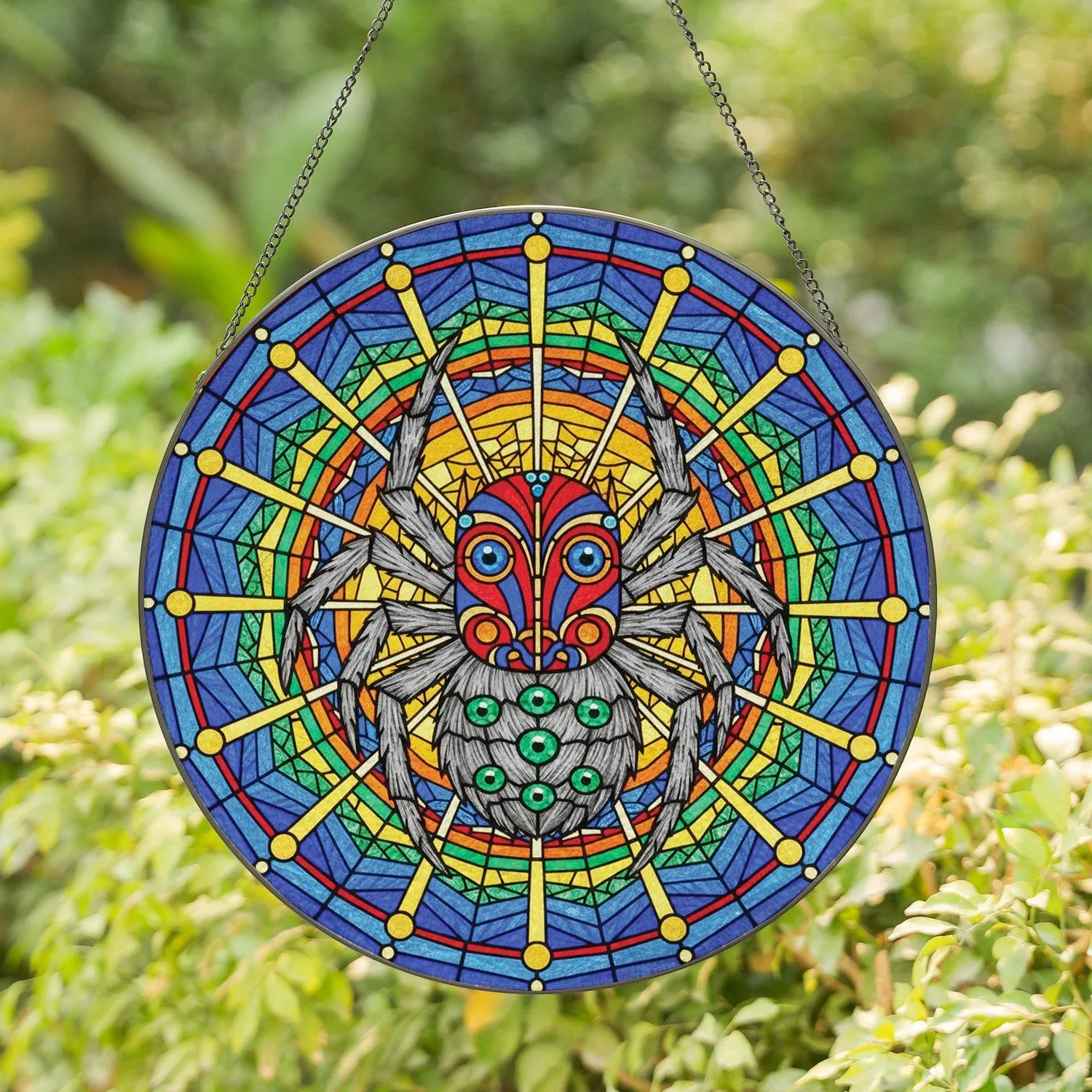 Red Eyed Tribal Mask Spider Intricate Web - Home Decor Gift for Spider Lover Stained Glass Suncatcher - 1
