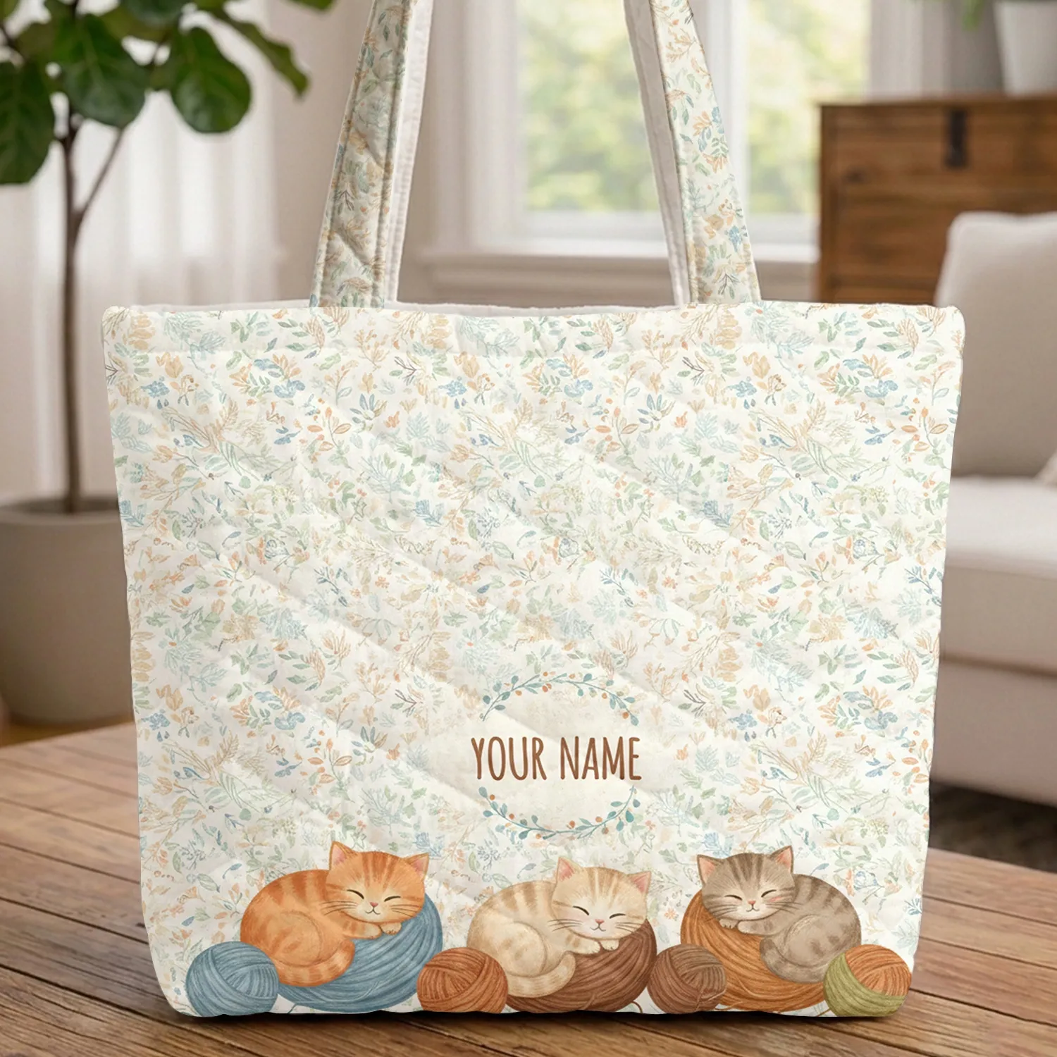 Kittens Yarn Balls Leaves Berries Name Floral Wreath - Everyday Carry Gift for Cat Lover Quilted Tote Bag - 1