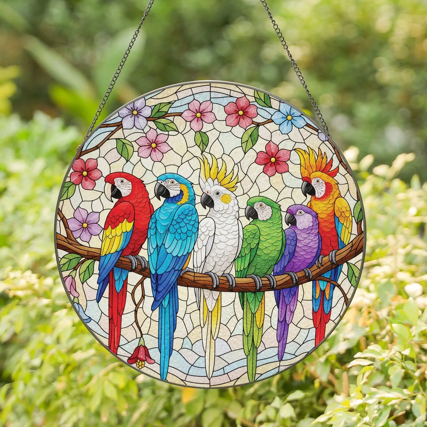 Tiffany Tropical Parrots Cockatoos Flowers - Wildlife Lover Home Decor Gift Stained Glass Suncatcher - 1